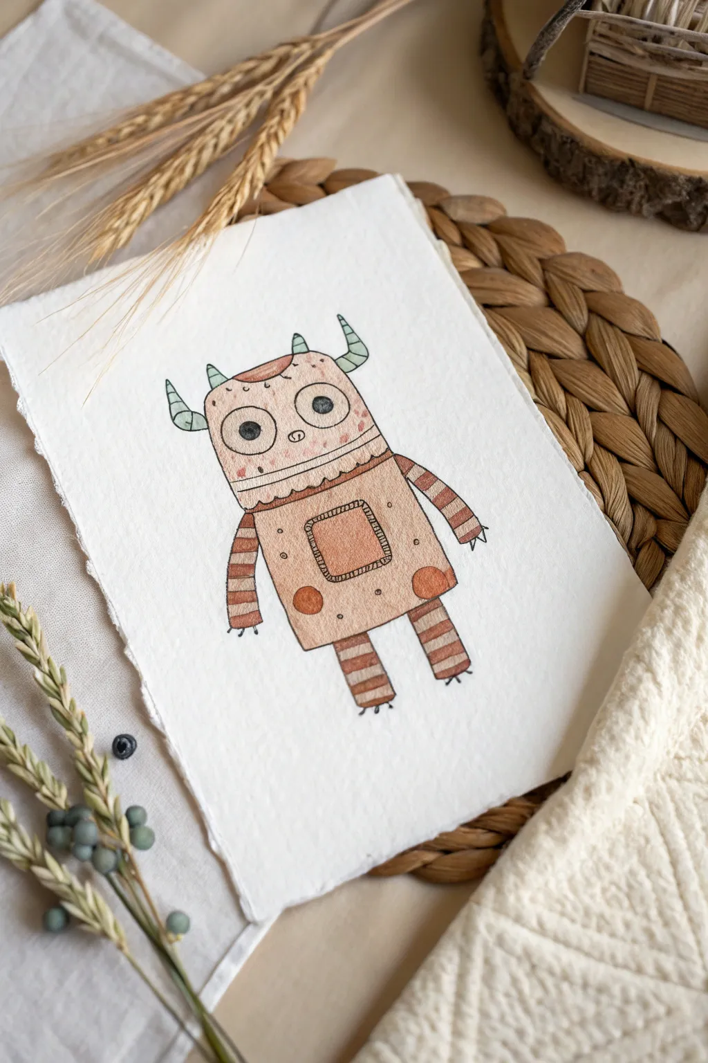 Boxy patchwork monster drawing with stitched seams and mismatched buttons in a cute minimalist style