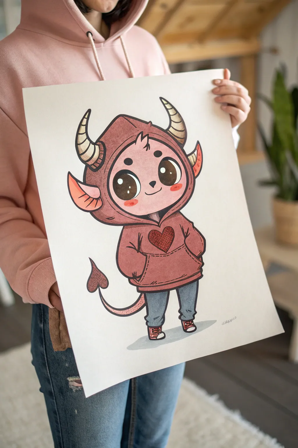 Tiny Horns, Big Heart demon OC idea: cozy hoodie, rounded horns, heart tail, sweet vibes