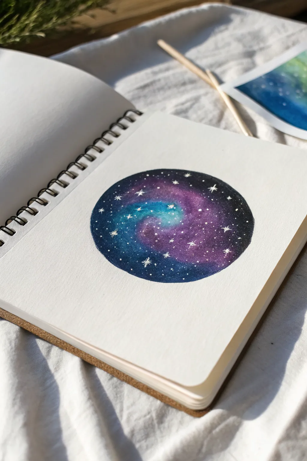 Mini galaxy circle oil pastel idea with blended purples and blues, tiny stars, and one bright swirl