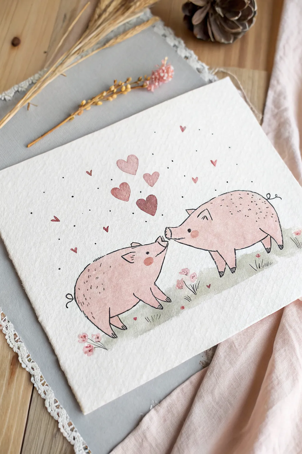 Adorable nose-to-nose pig pair in soft watercolor, minimalist boho style with sweet tiny hearts
