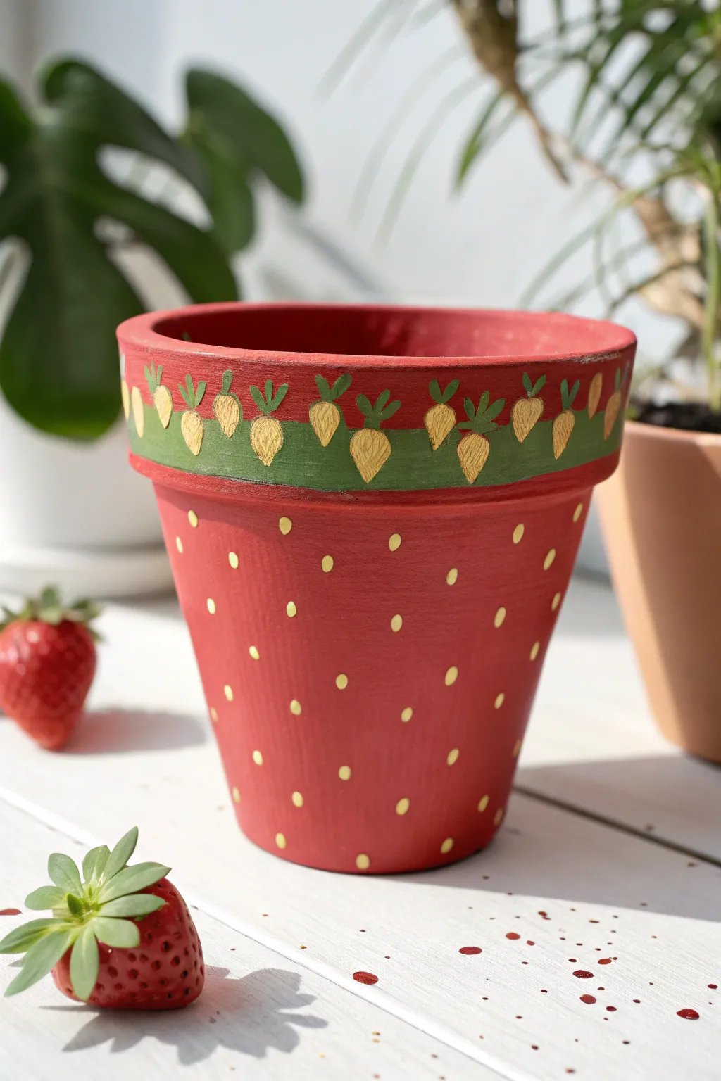 Paint a sweet strawberry pot: bold red, tiny seed dots, and a fresh leafy green rim.
