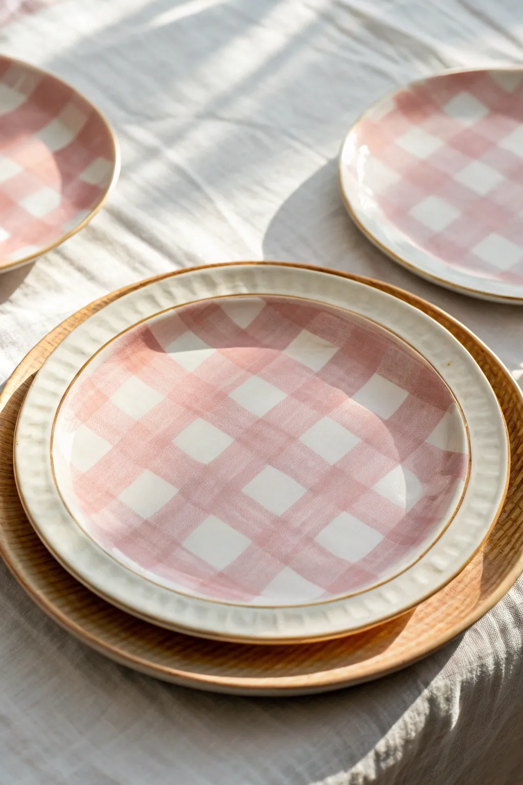 Sweet gingham checks on a hand-painted plate, minimal and cozy for the cutest pottery set.