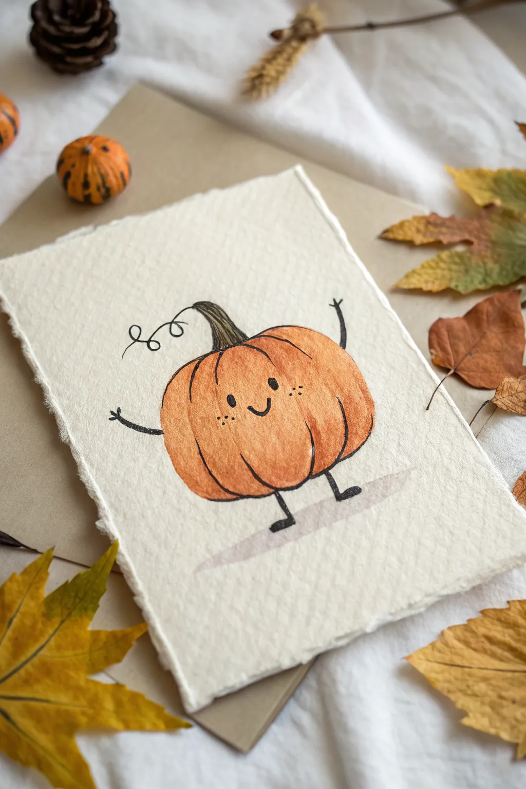 A plump waving pumpkin with tiny arms, simple face, and cozy minimalist autumn charm.