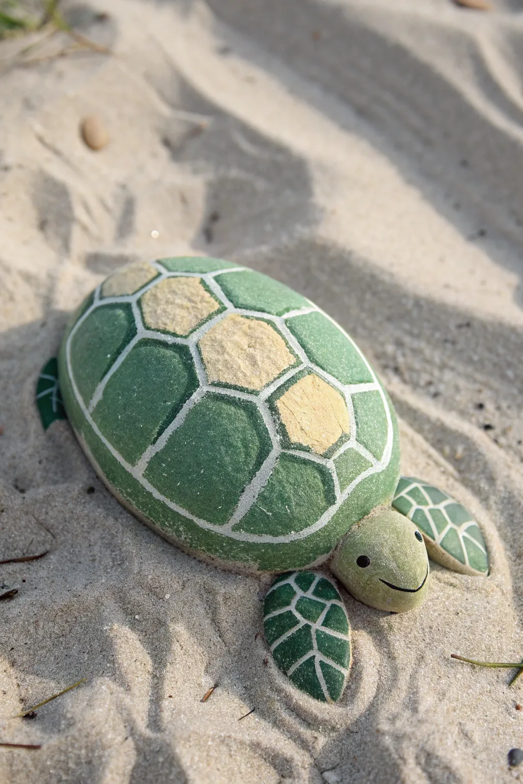 Paint a cute turtle rock with simple shell lines, perfect for an easy beachy DIY.