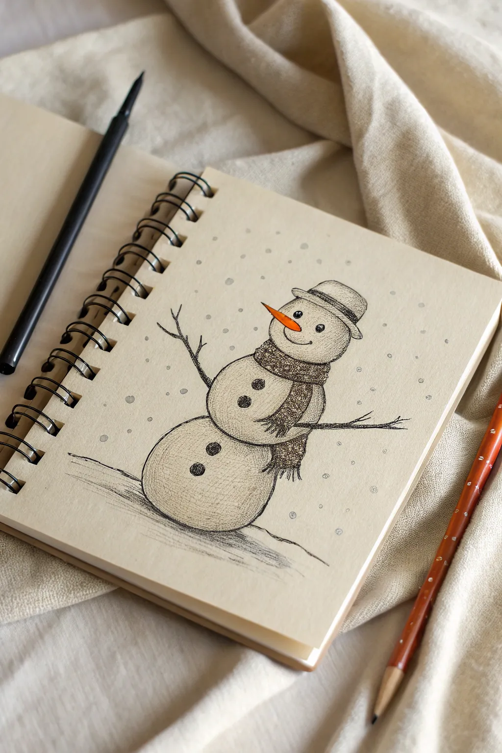 Draw a wobbly leaning snowman with a sweet head tilt for instant winter charm.