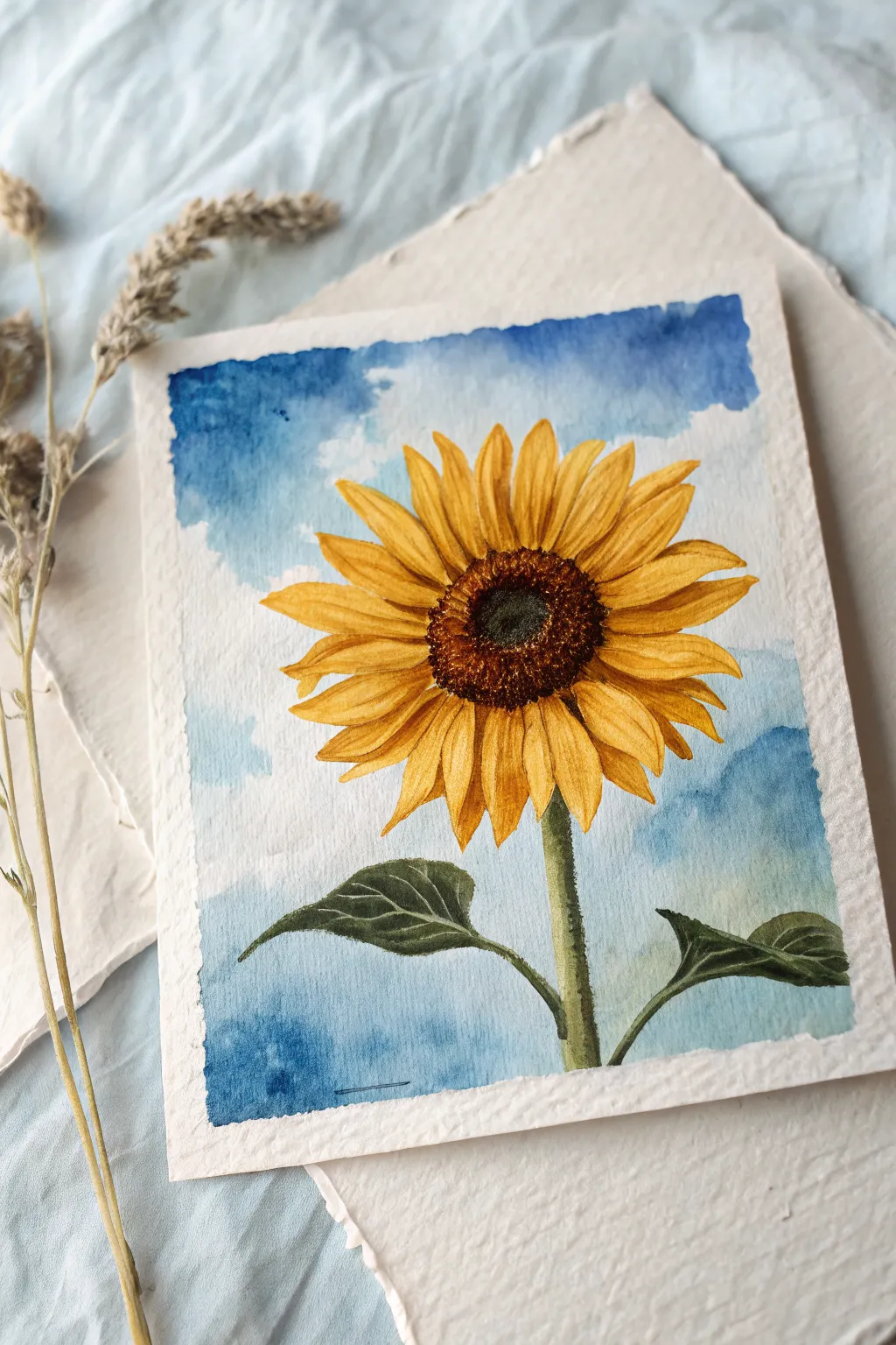 Easy chunky-petal sunflower on a calming blue gradient sky, perfect for beginner painting days.