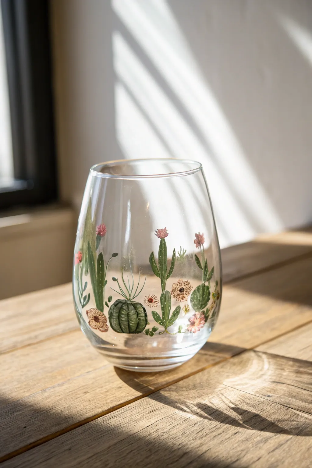 Bring a touch of boho charm to your table with these adorable hand-painted flowering cactus wine glasses.