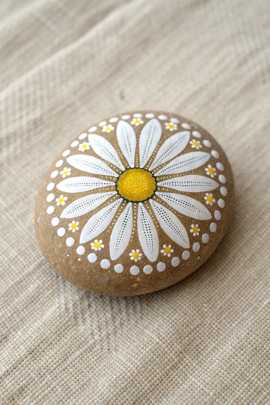 Daisy mandala rock in circular rings with a bright center dot and calm Scandinavian boho vibes