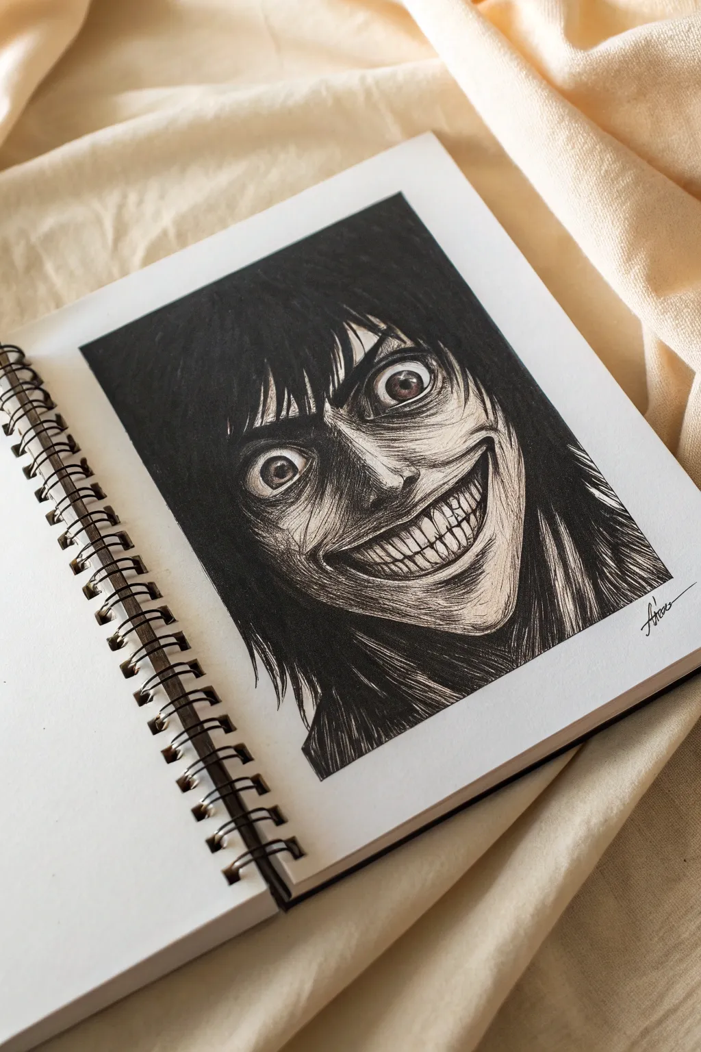 Dark anime close-up: wide eyes, tense brows, and a manic grin with scratchy shadowing