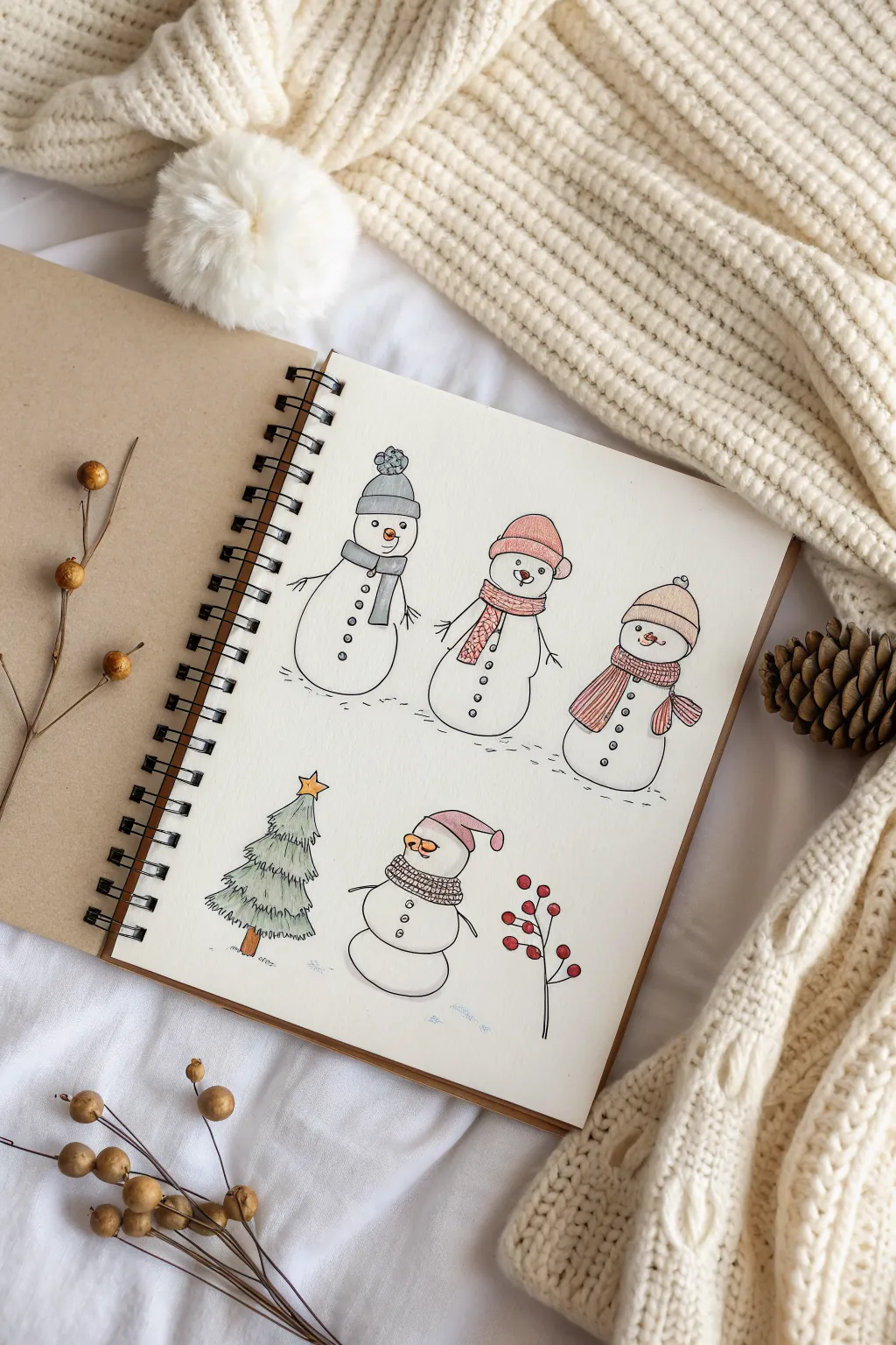 Simple snowman character lineup to draw: 4 cozy personalities with scarves, hats, and buttons