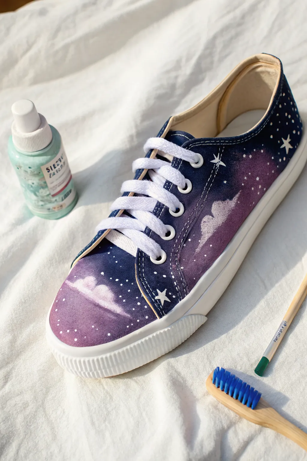 Galaxy-splatter sneaker DIY: deep navy to purple fade with stars, plus brush and sealant