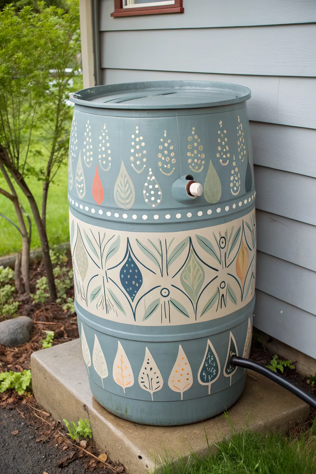 Paint raindrops and glossy drips on a barrel for a calm, modern boho rain-catcher