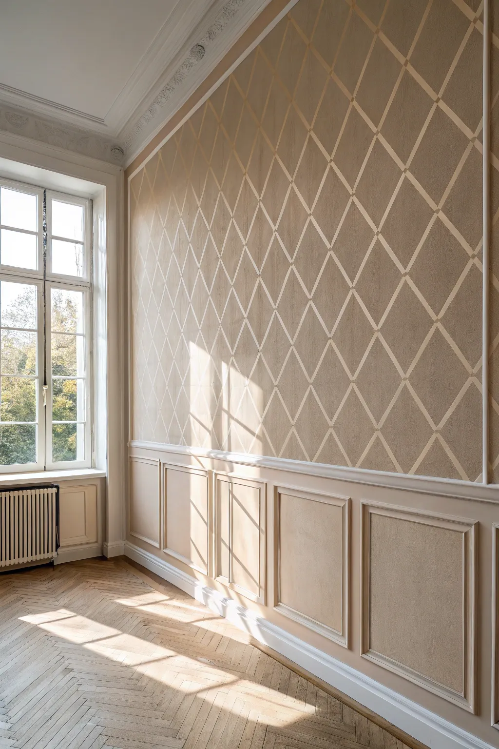 Soft tone-on-tone grid wall paint that appears in side light for calm, modern depth
