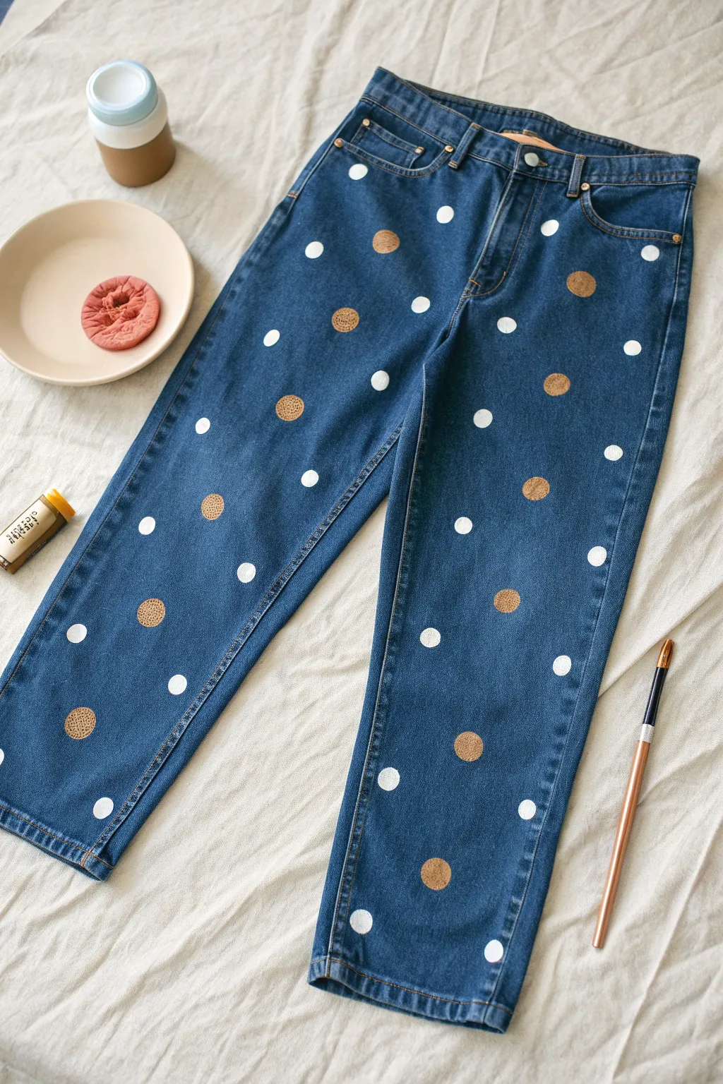 Polka dot denim made easy: simple stamped dots for a fresh minimalist DIY look at home.
