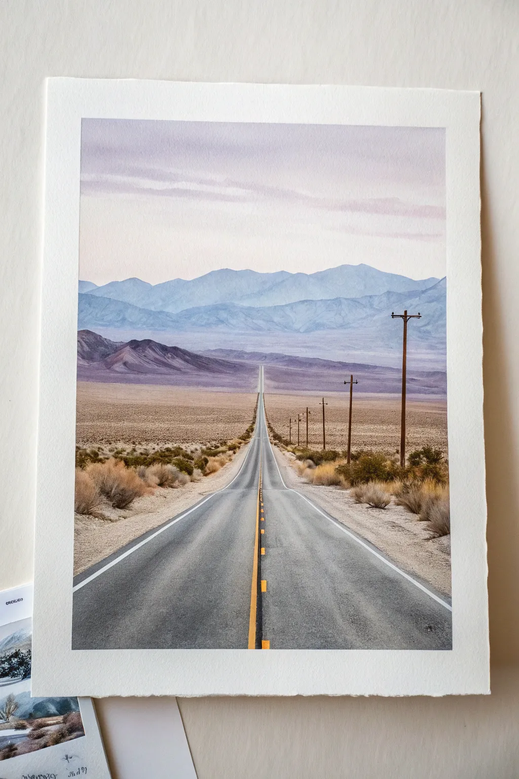 Minimal desert road painting in warm sand tones, fading softly into a dreamy horizon line