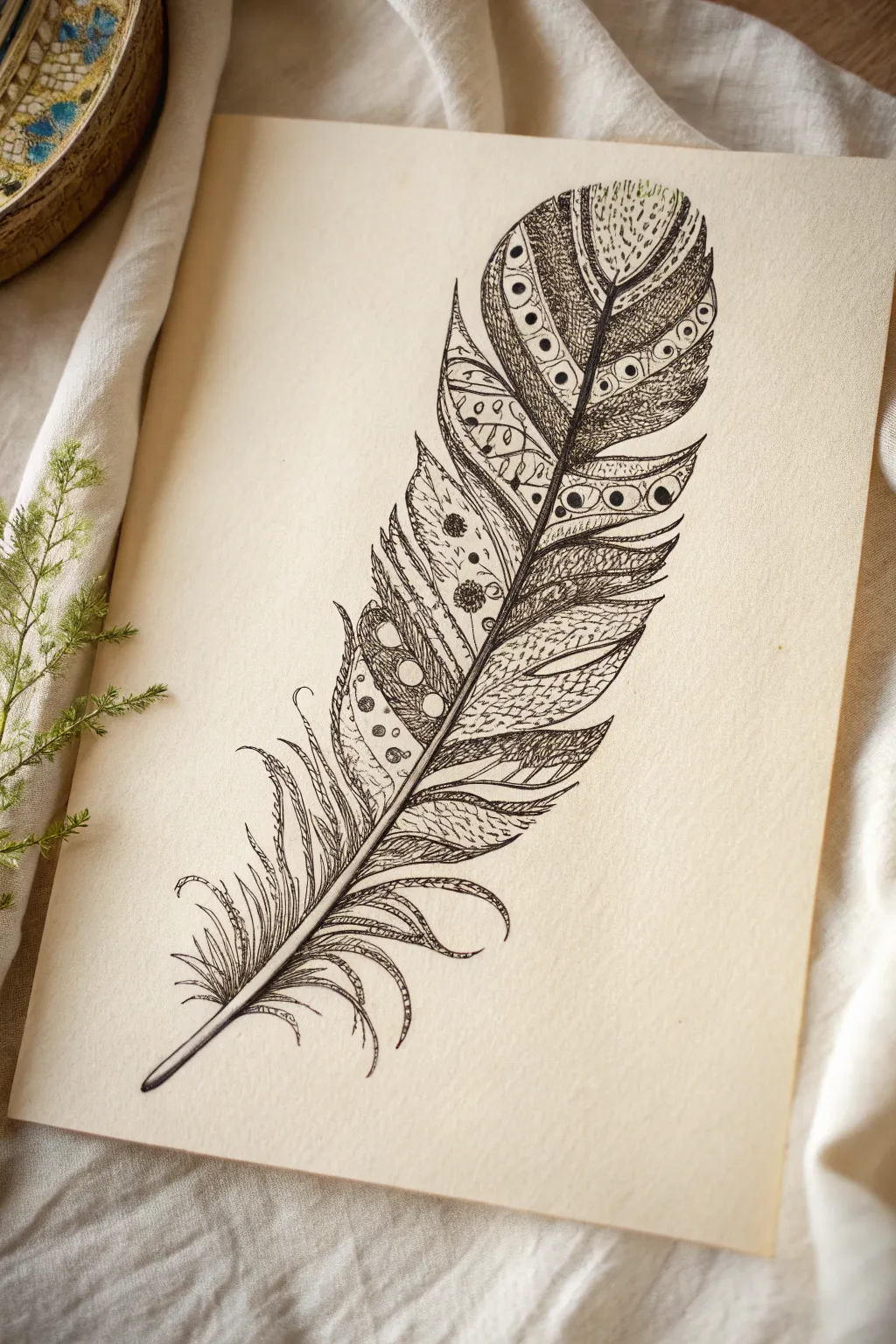 Feather outline with micro-pattern barbs for calming minimalist boho drawing practice