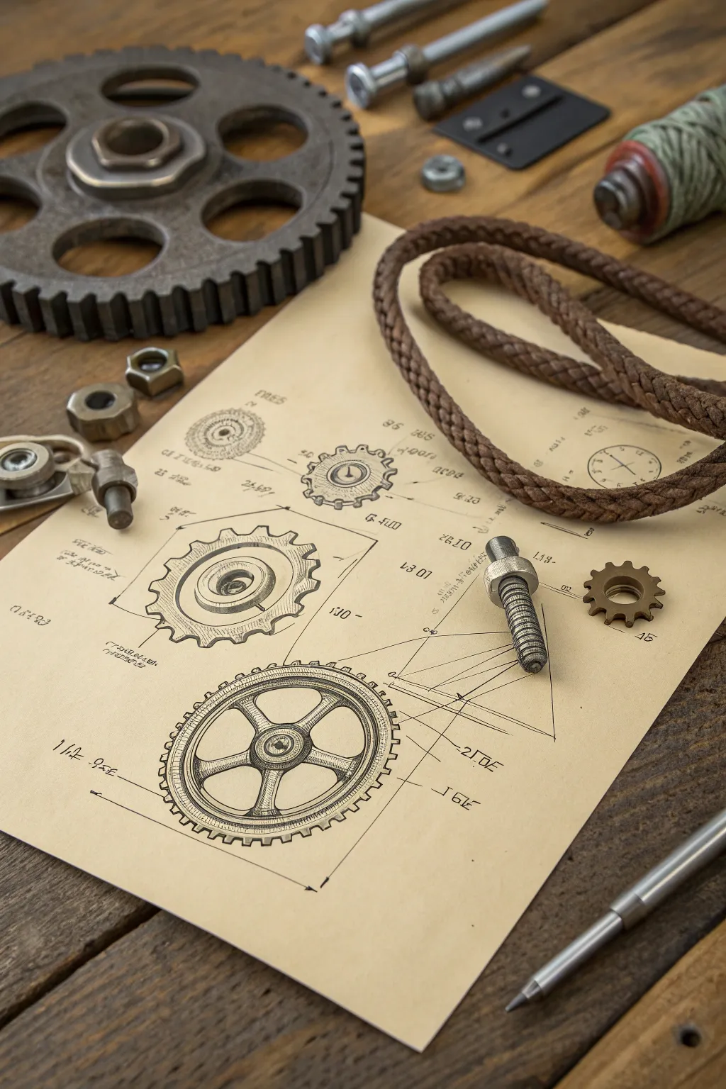 Intricate gear-and-cable sketch with crisp shadows and worn-metal texture for detail practice.