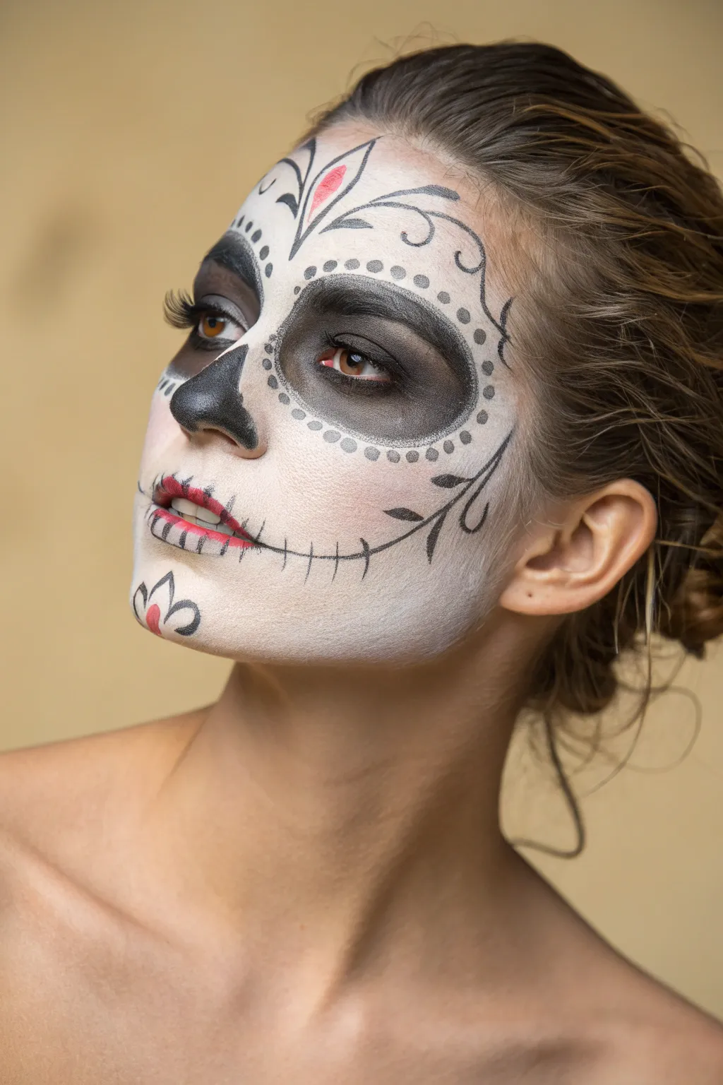 Hollow cheek contour La Catrina skull illusion with sculpted shading for dramatic dimension