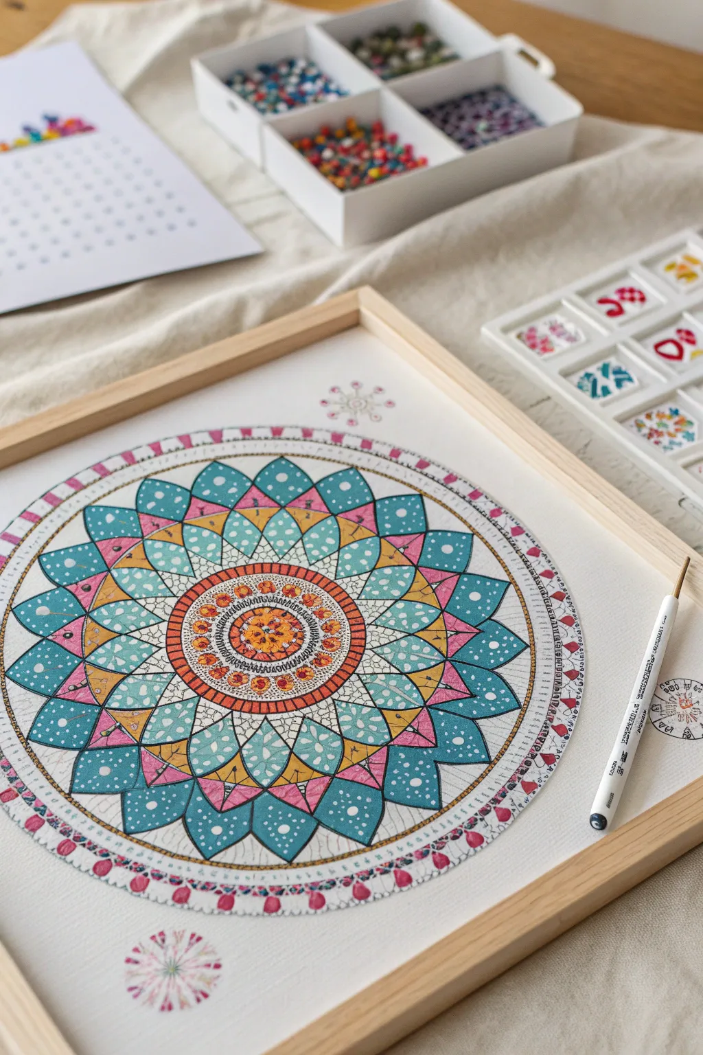Calming mandala diamond painting in progress, with neatly sorted drills for steady dotting.