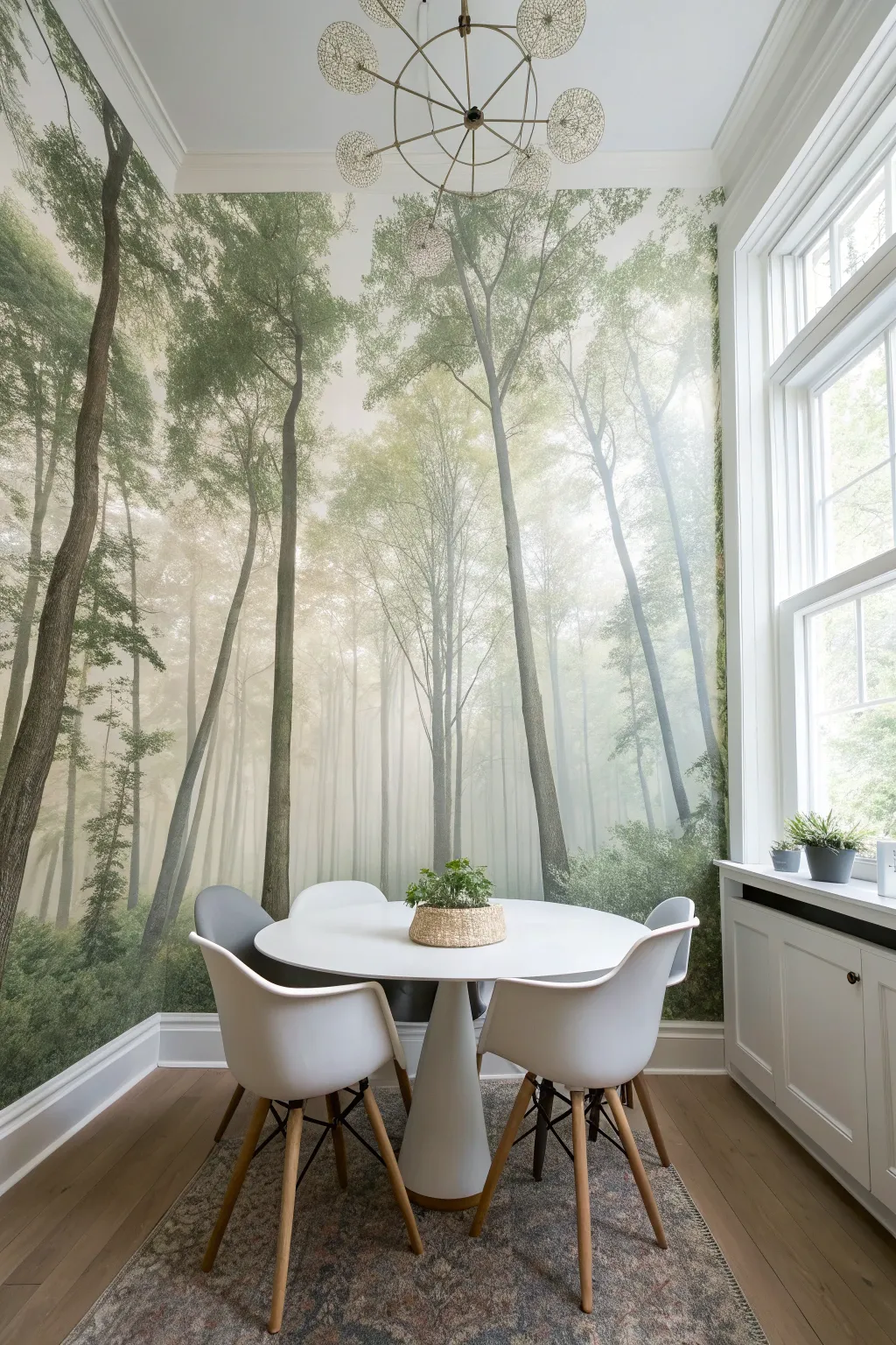 Turn dinner into a calm woodland escape with a forest canopy mural and soft dappled light.