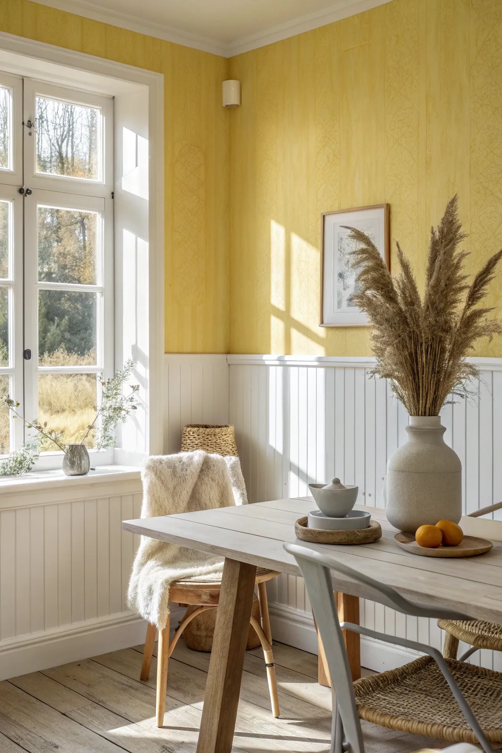 Butter yellow walls and crisp white trim bring sunny cheer to a minimalist dining room