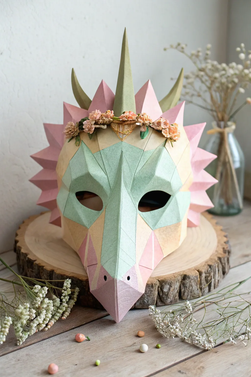 Pastel cottage dino mask with soft gradients and tiny florals, glowing in warm window light