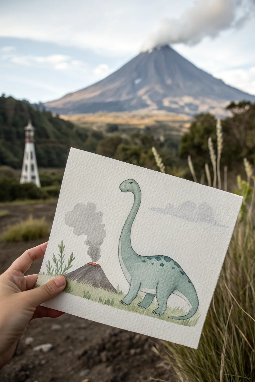 Minimalist dinosaur painting with distant volcano and glowing lava accent for dramatic contrast