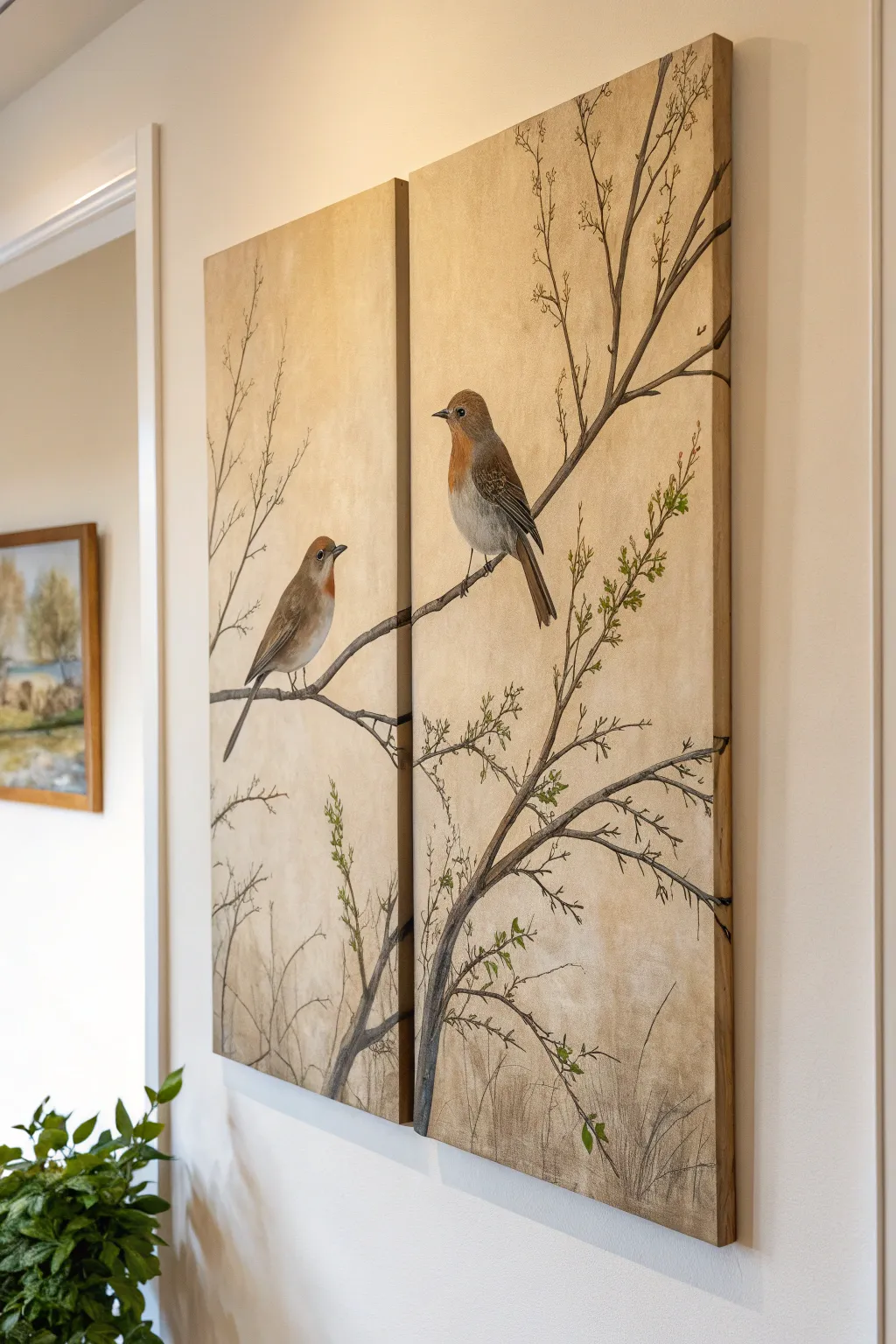 Minimal diptych with two birds facing, linked by one branch across the gap in boho neutrals.