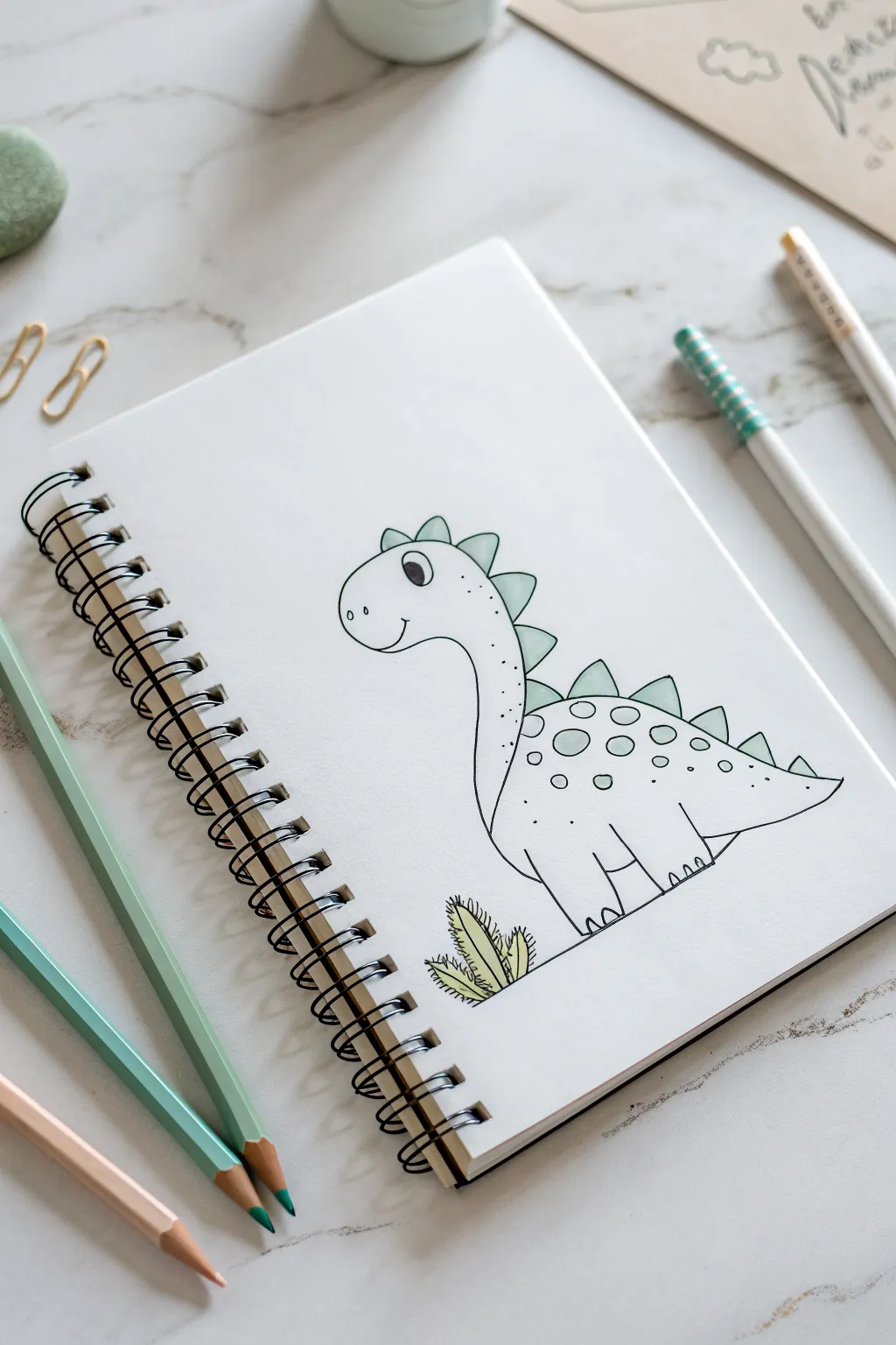 Draw a friendly dino step by step, from bean body to spikes, with green or rainbow finish