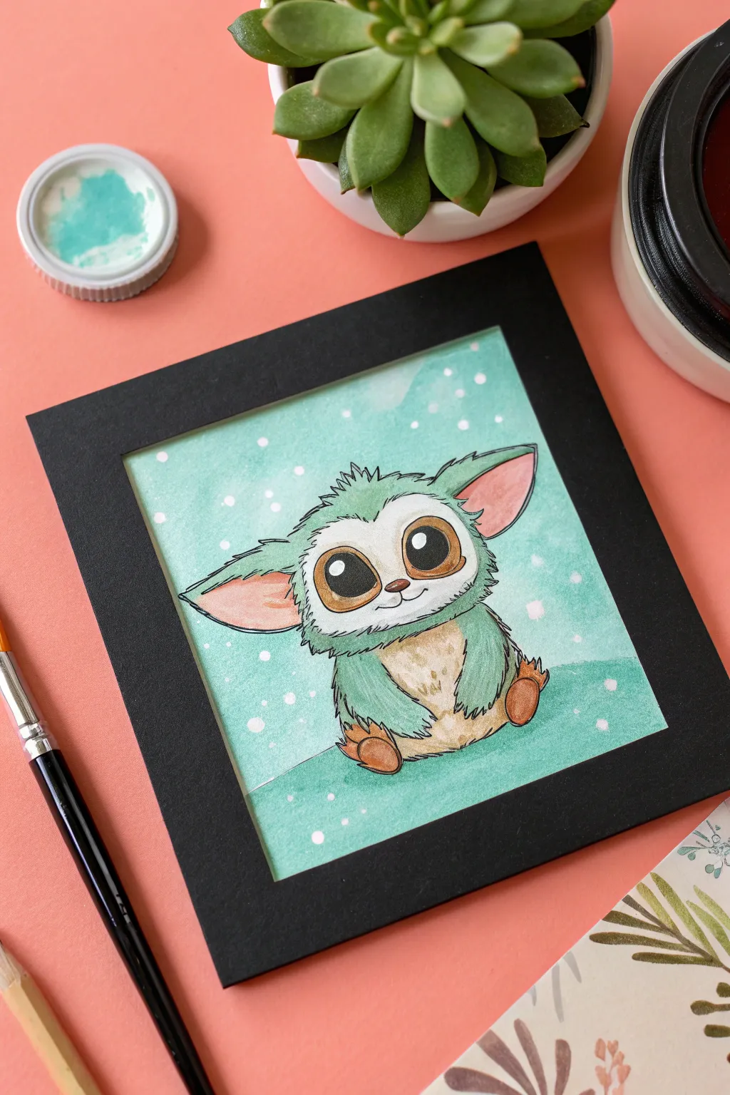 Flat paint a cute sidekick with thick black outlines on a bright solid background for bold contrast