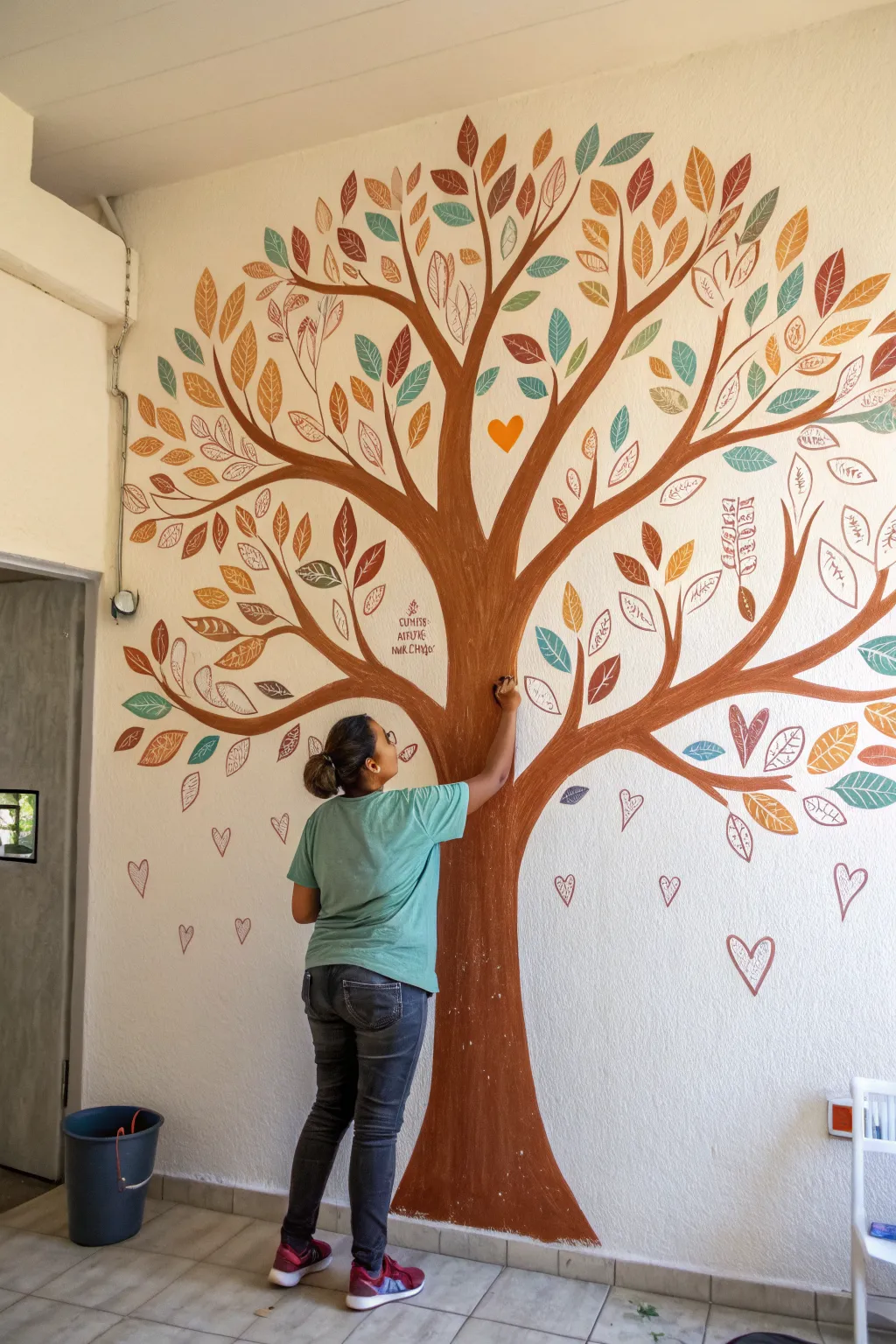 Unity Tree mural: a bold trunk crowned with multicolor hand-shaped leaves for inclusive beauty
