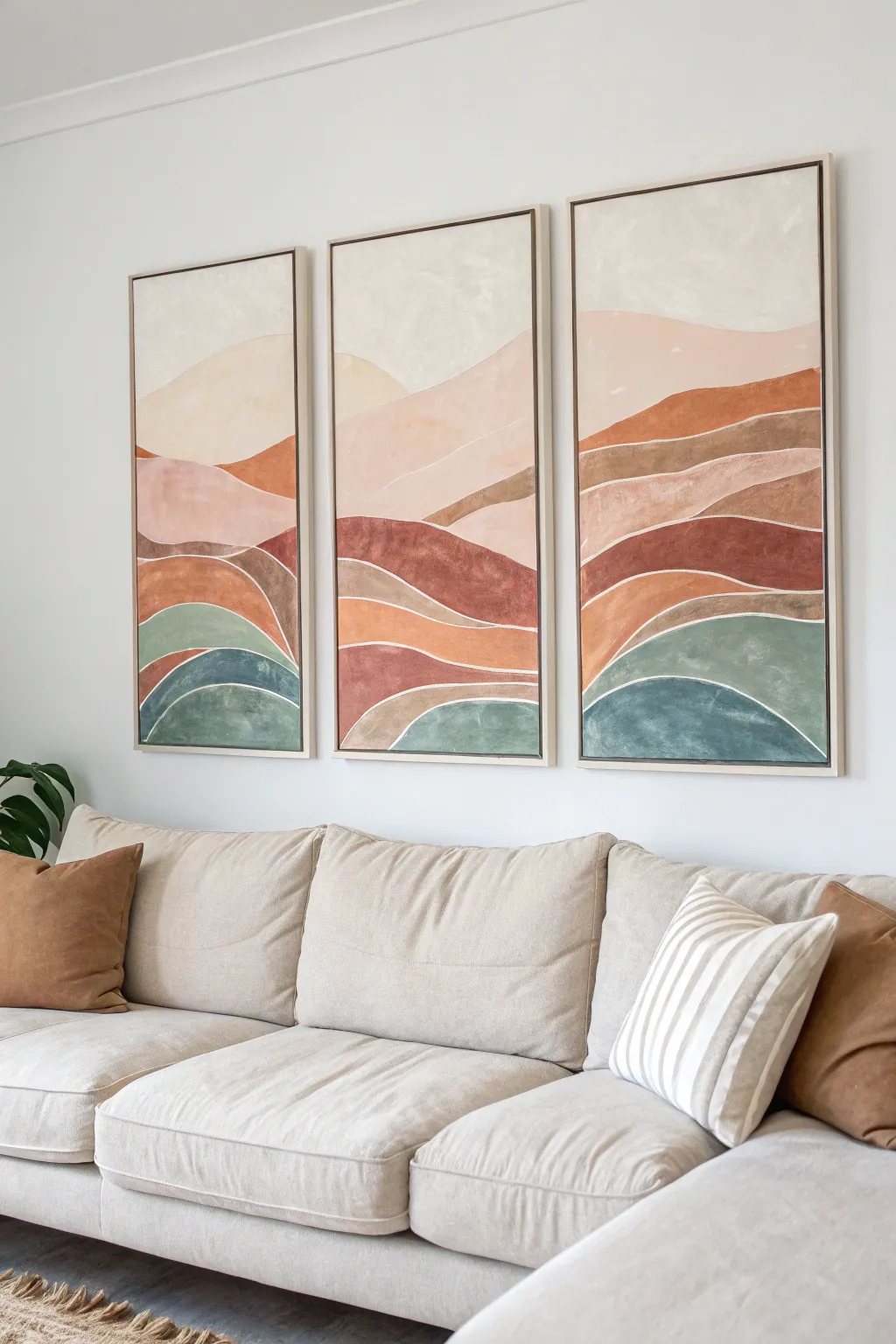 Easy abstract triptych set in soft boho neutrals for a clean Scandinavian home decor moment.