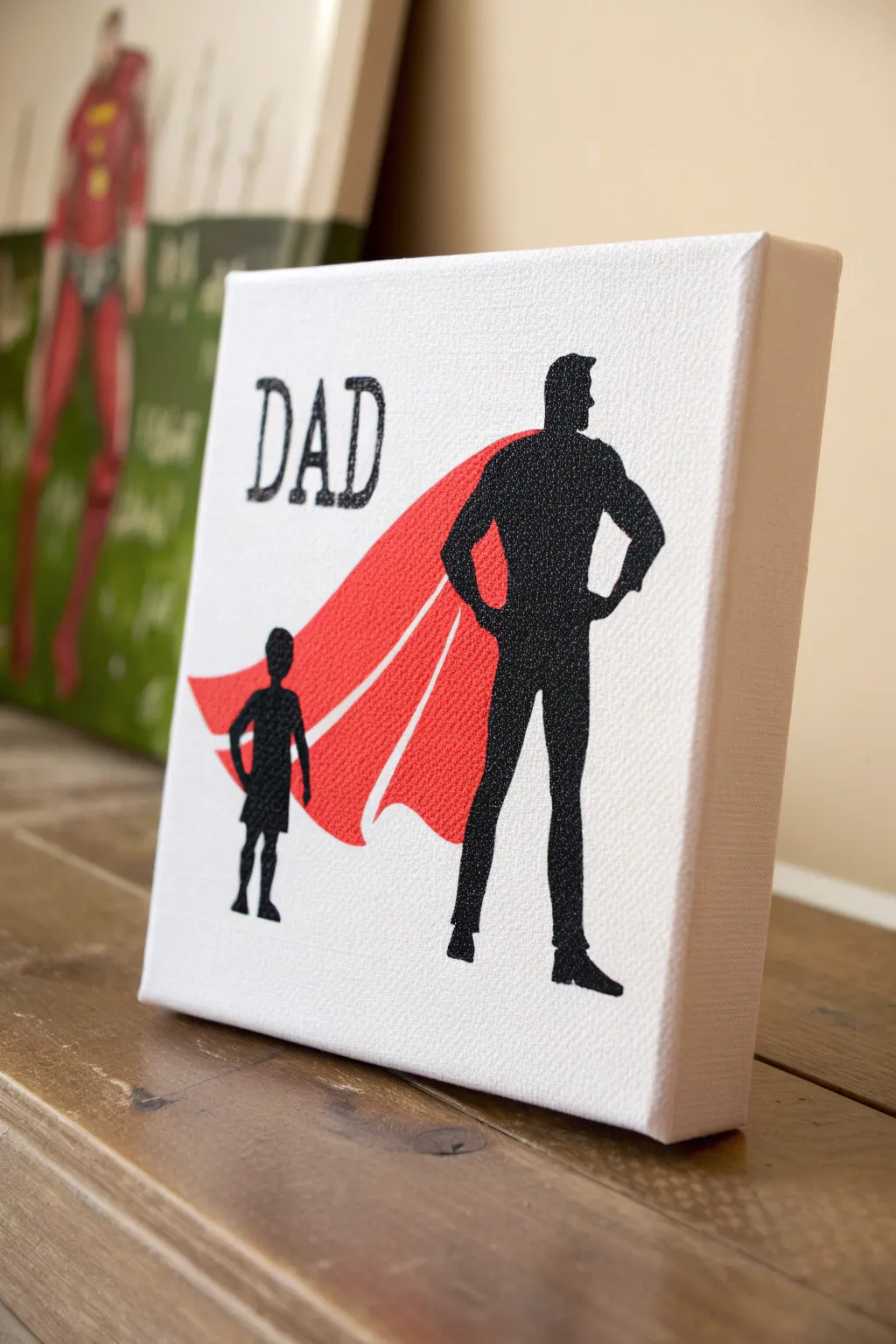 Minimal Superhero Dad handprint cape canvas idea with bold contrast and clean Nordic style