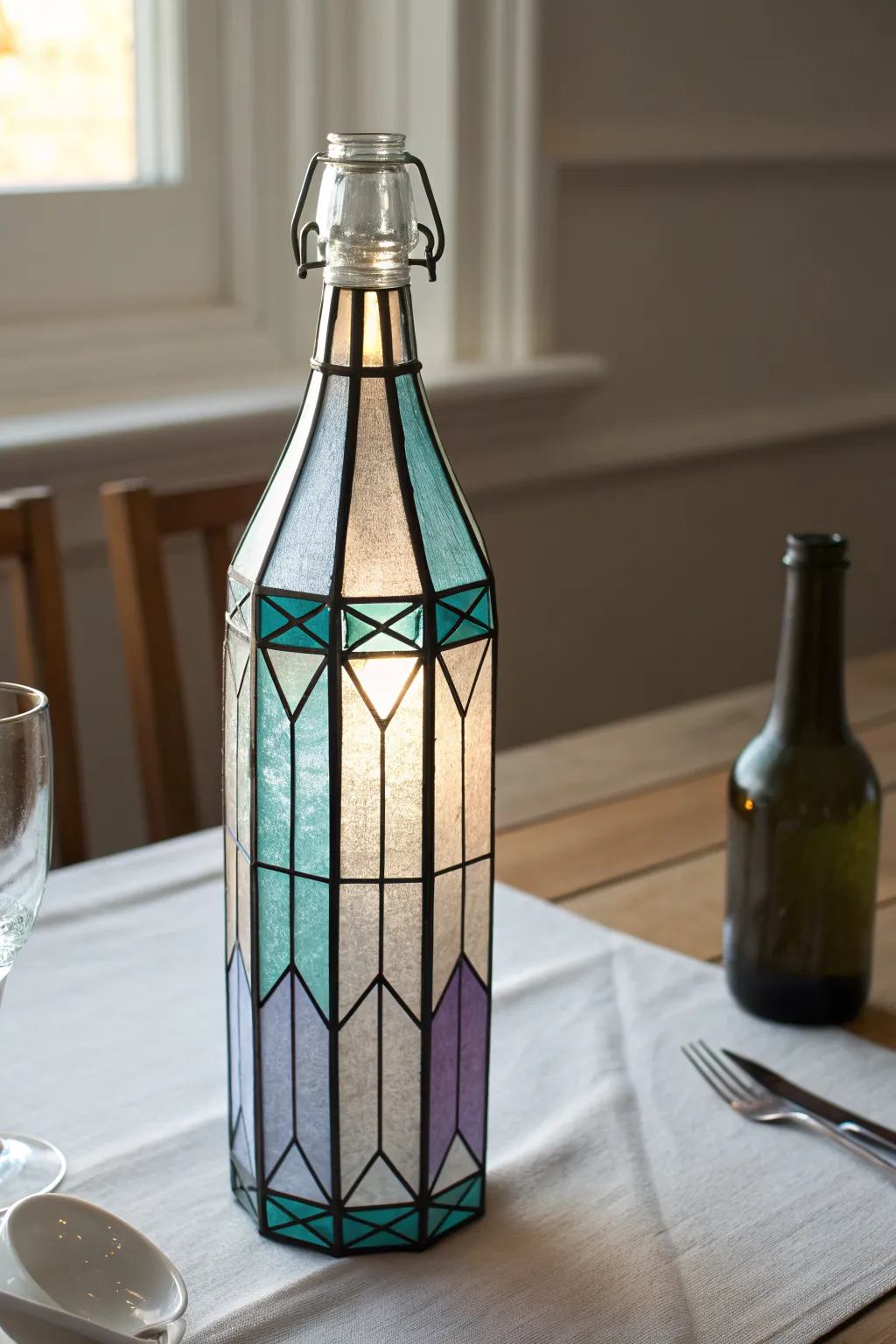 Faux stained glass painted bottles with glowing translucent panels, outlined in black, lit by a window.