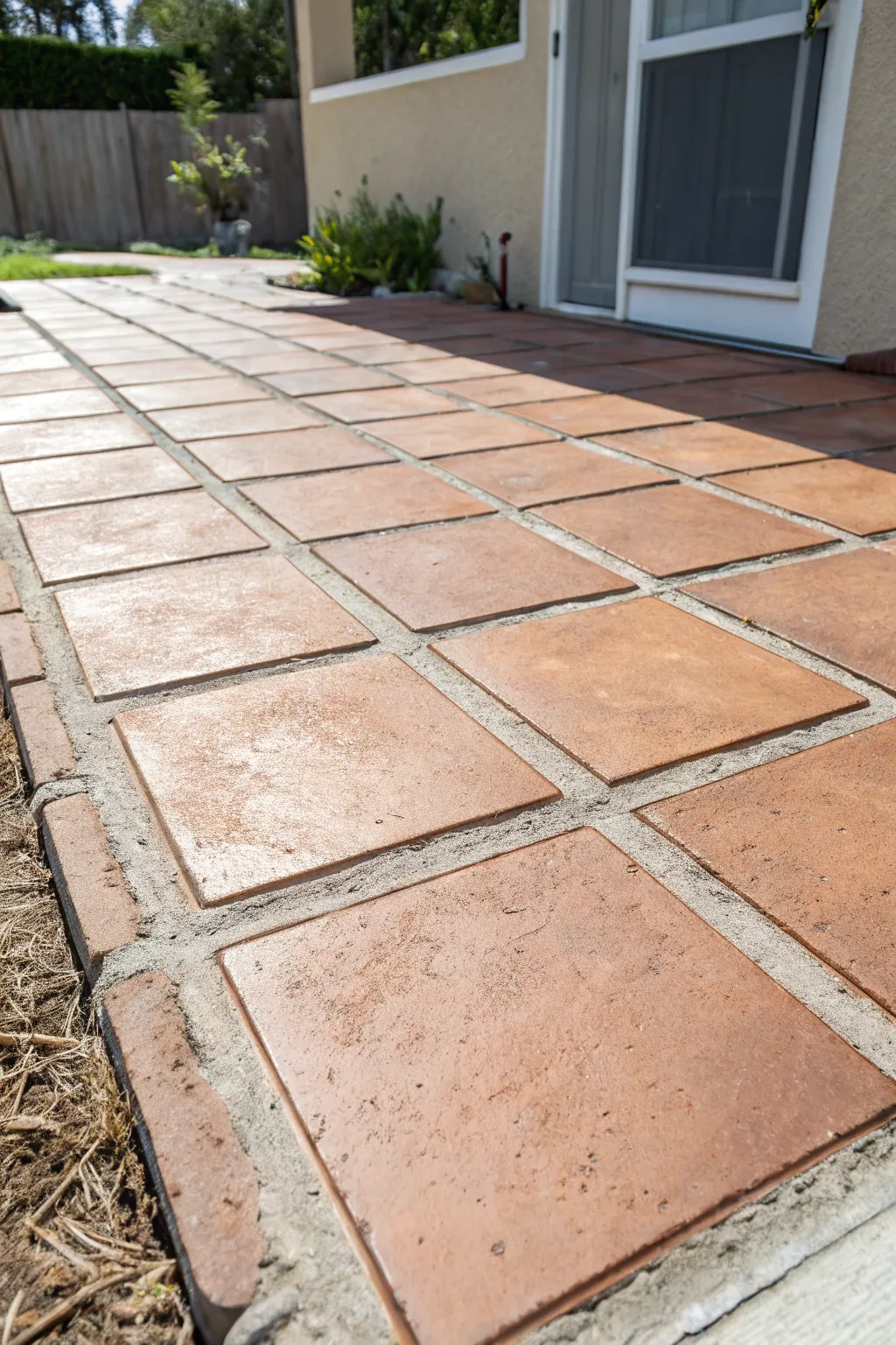 Faux brick paver grid on painted concrete with crisp grout lines, handmade texture, and warm contrast