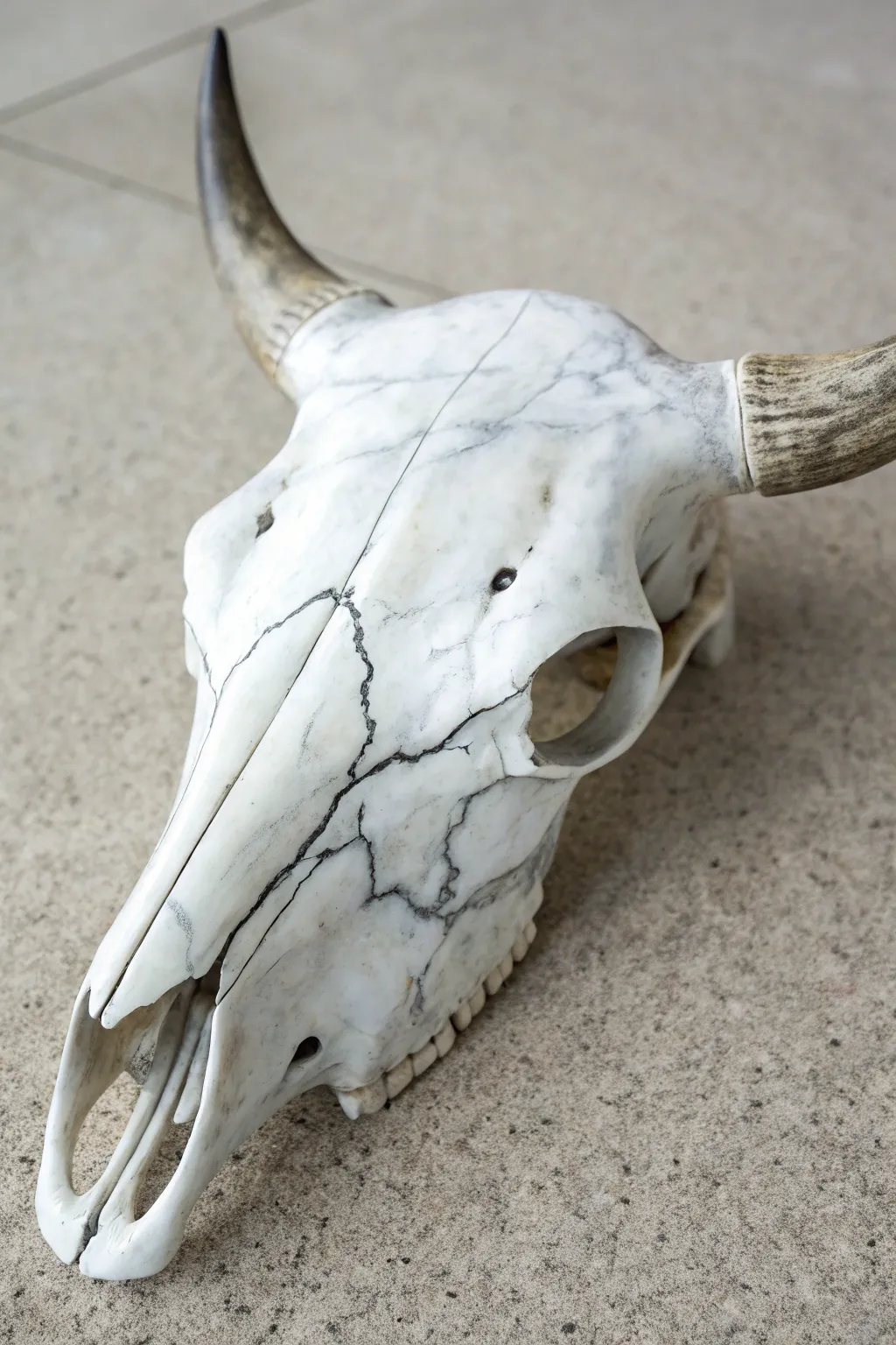 Glossy faux marble cow skull with soft gray veining for a clean minimalist boho look