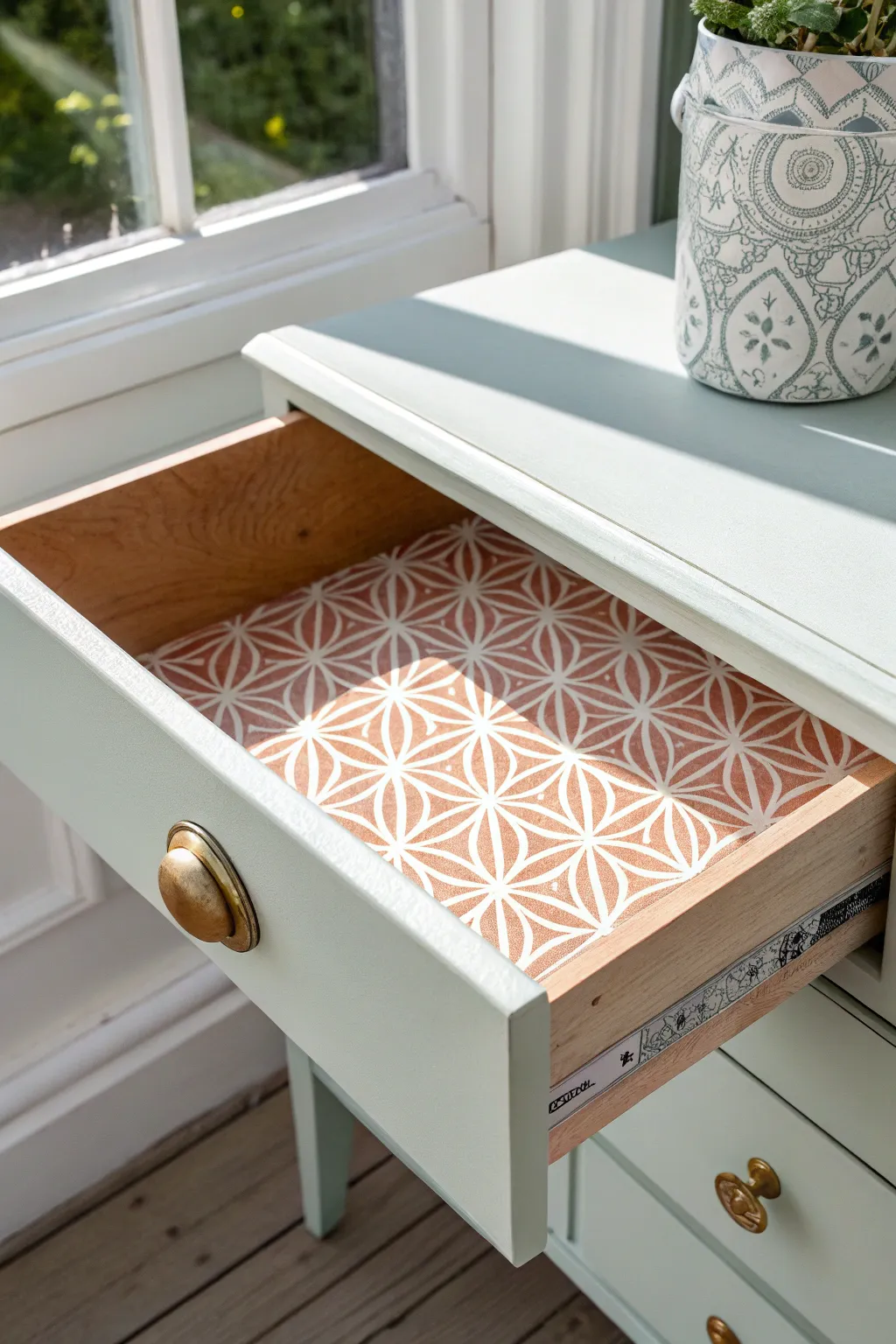 A softly painted desk drawer pulled open to reveal chic boho patterned paper liner details.
