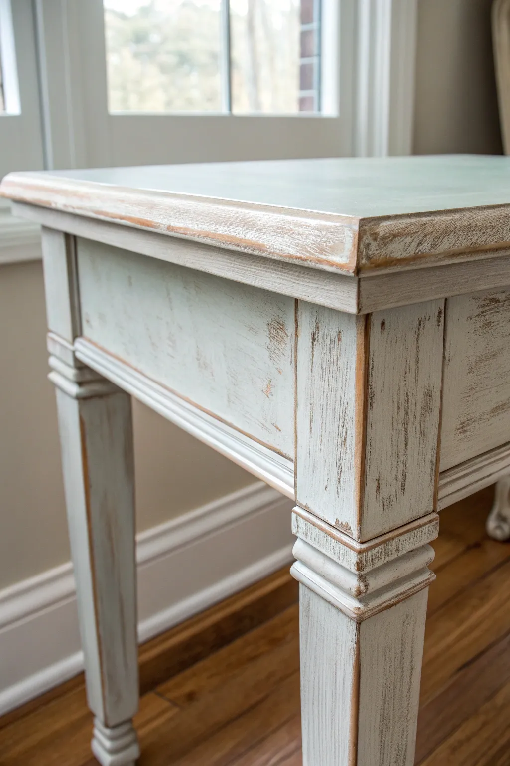 Lightly distressed edges add a relaxed, handmade finish to this painted end table corner.