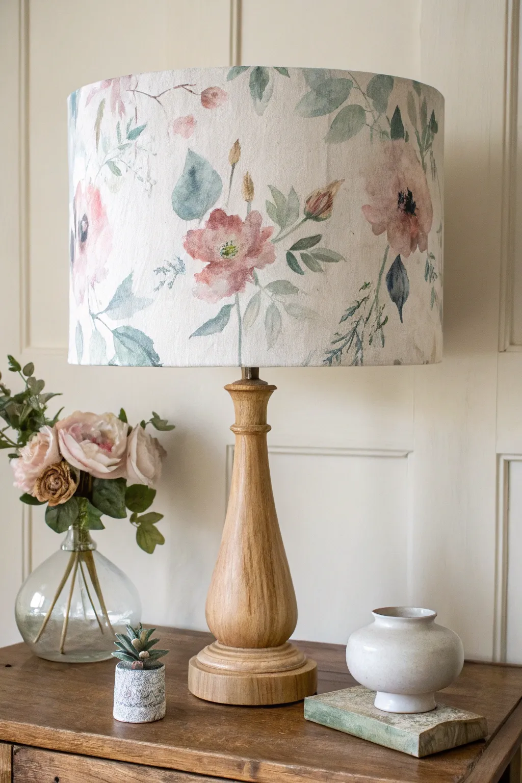 Soft watercolor blooms on a linen lampshade for an airy Scandinavian-boho DIY glow.