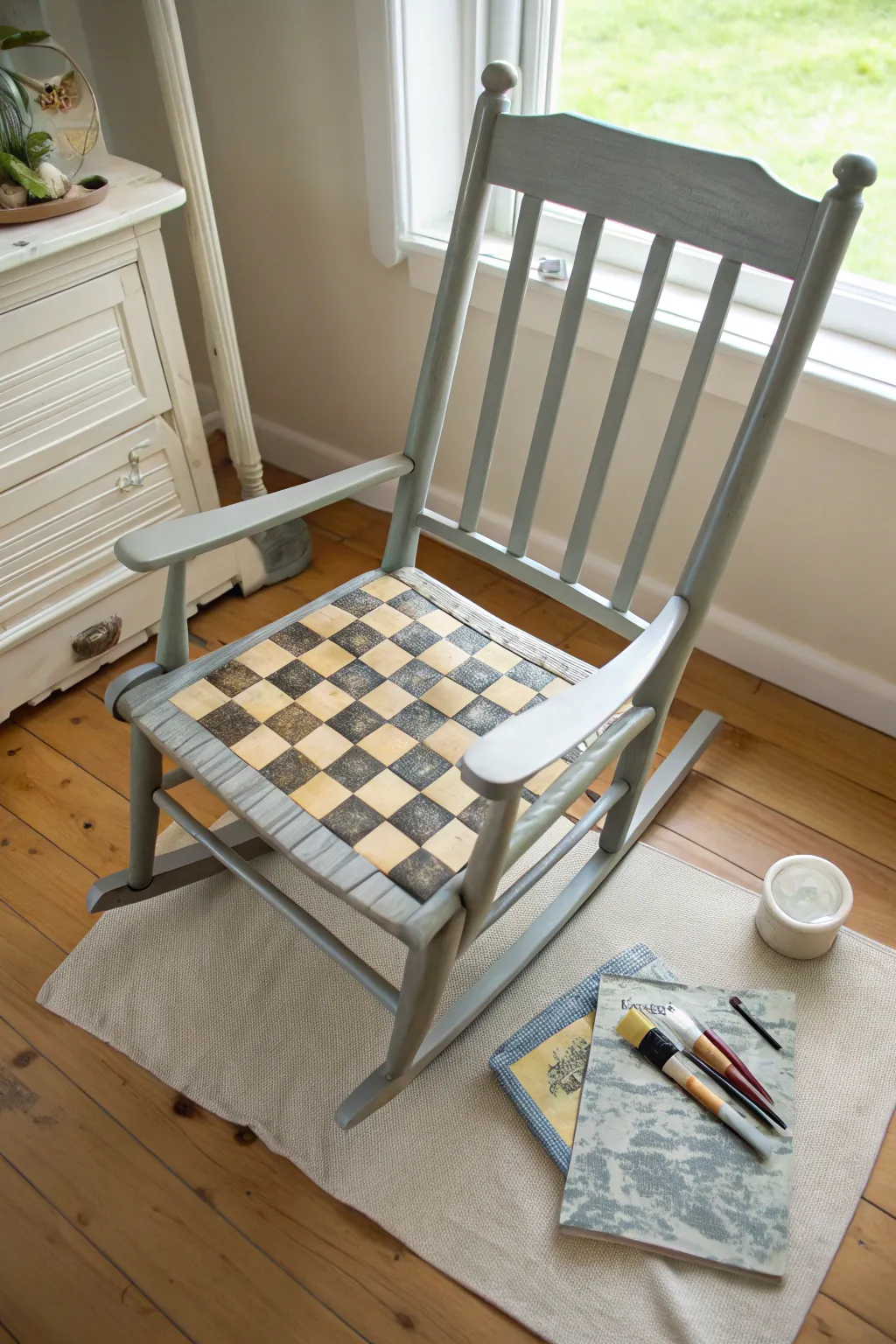 Vintage rocking chair with a hand-painted checker seat, simple neutrals and cozy boho vibes.