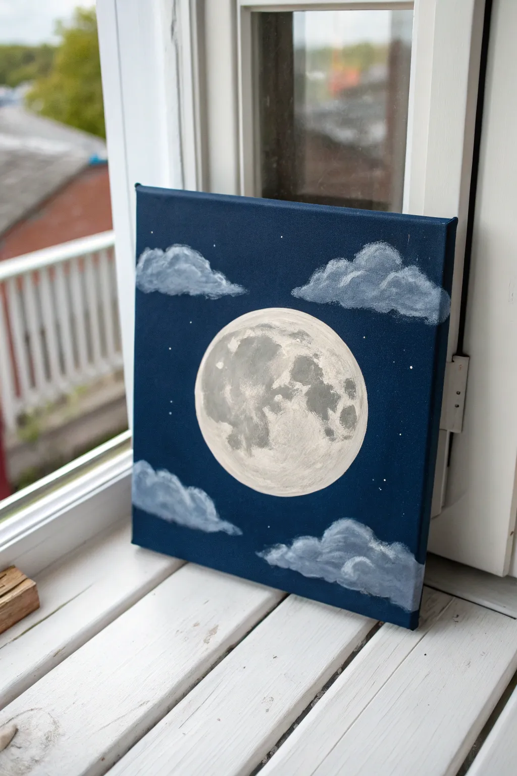 Minimal moon canvas with subtle texture, bathed in warm evening light for calm DIY vibes