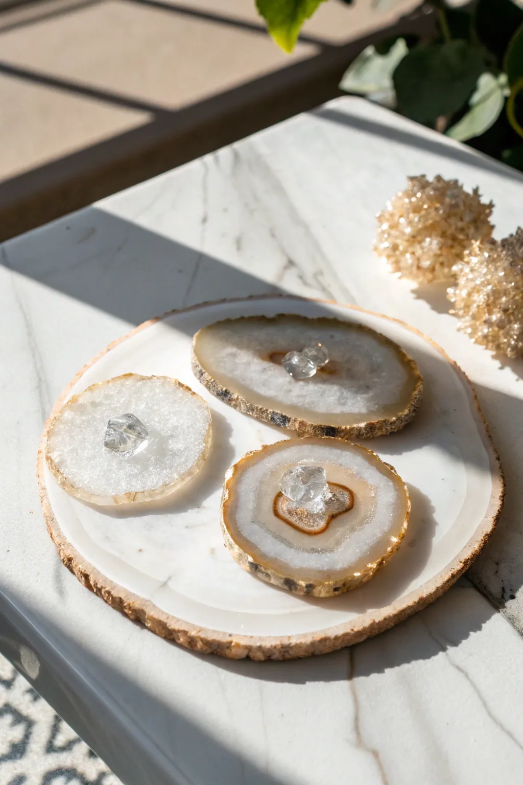 Clear resin tabletop with agate-like stone slices and crystal inlay, glowing in soft sunlight
