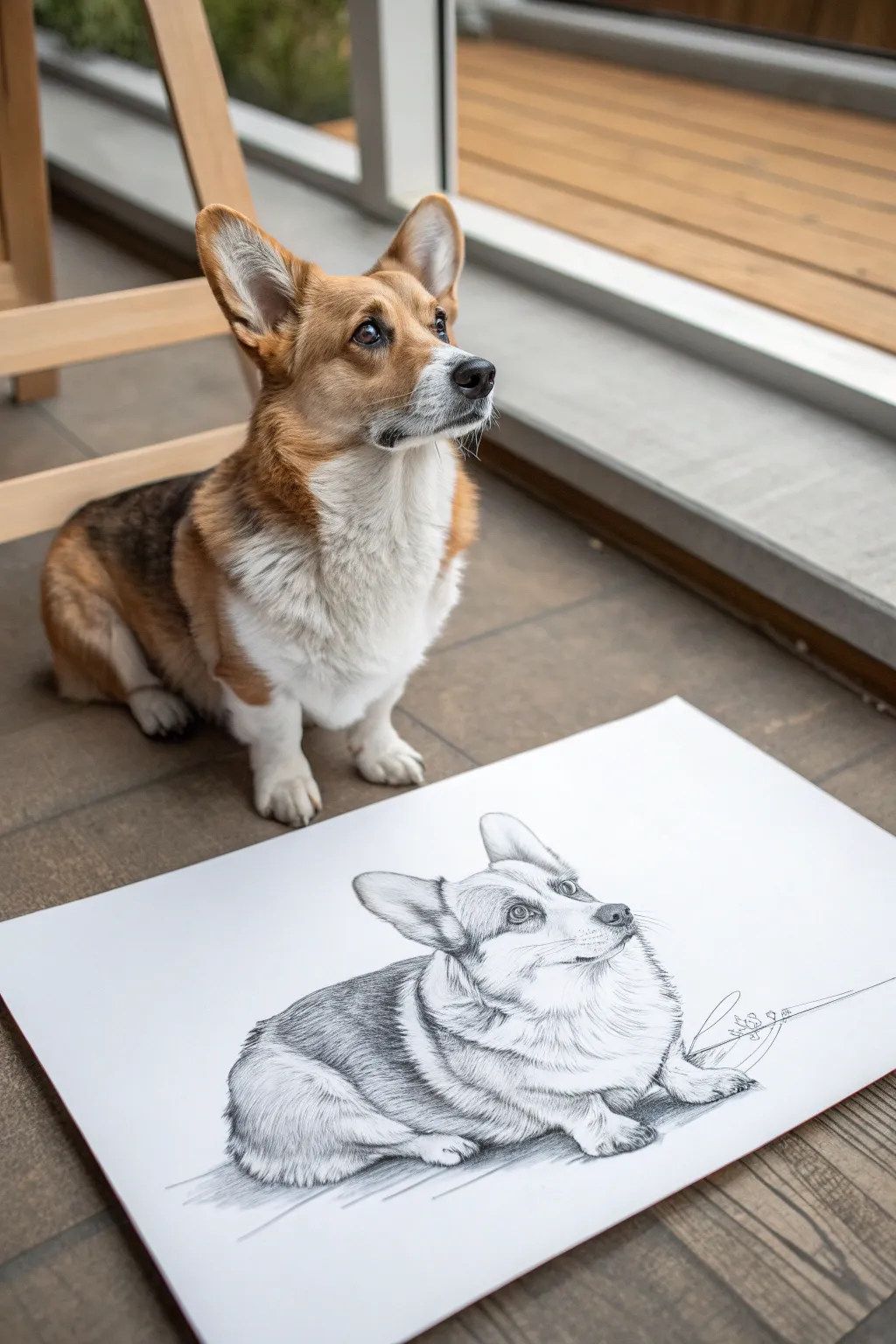 Cozy corgi loaf pose sketch with tiny tucked legs and soft fur texture for drawing inspiration