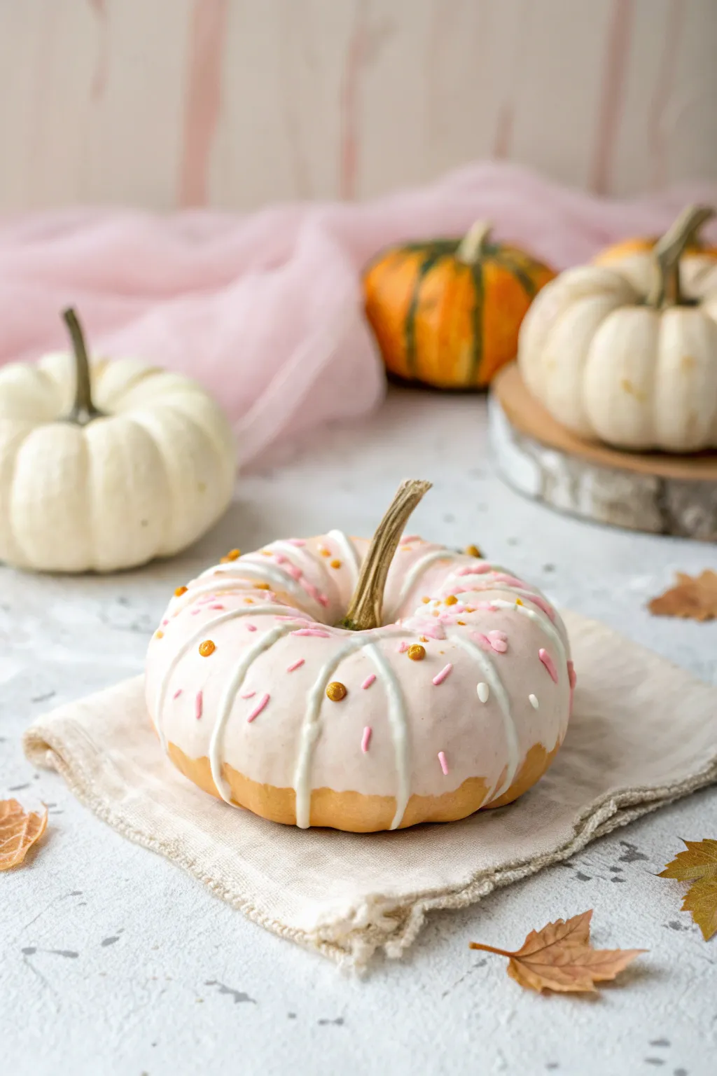 A single donut pumpkin against a pastel bakery backdrop for Pinterest-perfect fall painting vibes
