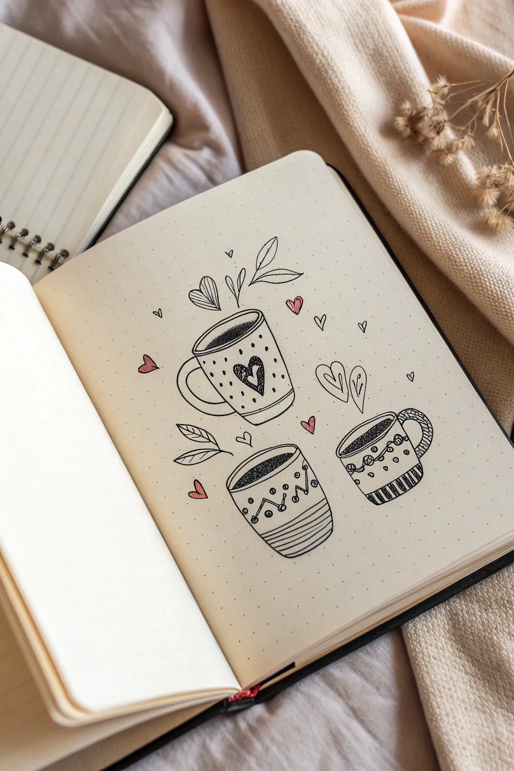 Cozy coffee and tea cup doodles with simple patterns and gentle steam, minimalist boho vibe