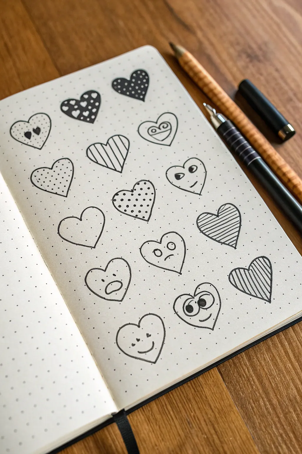 Minimal heart and mood doodles in a sticker-sheet grid, perfect for calming sketchbook pages.
