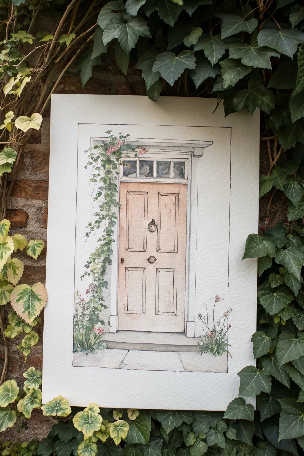 Garden door sketch with climbing vines, crisp lines and loose leaves for an easy boho study