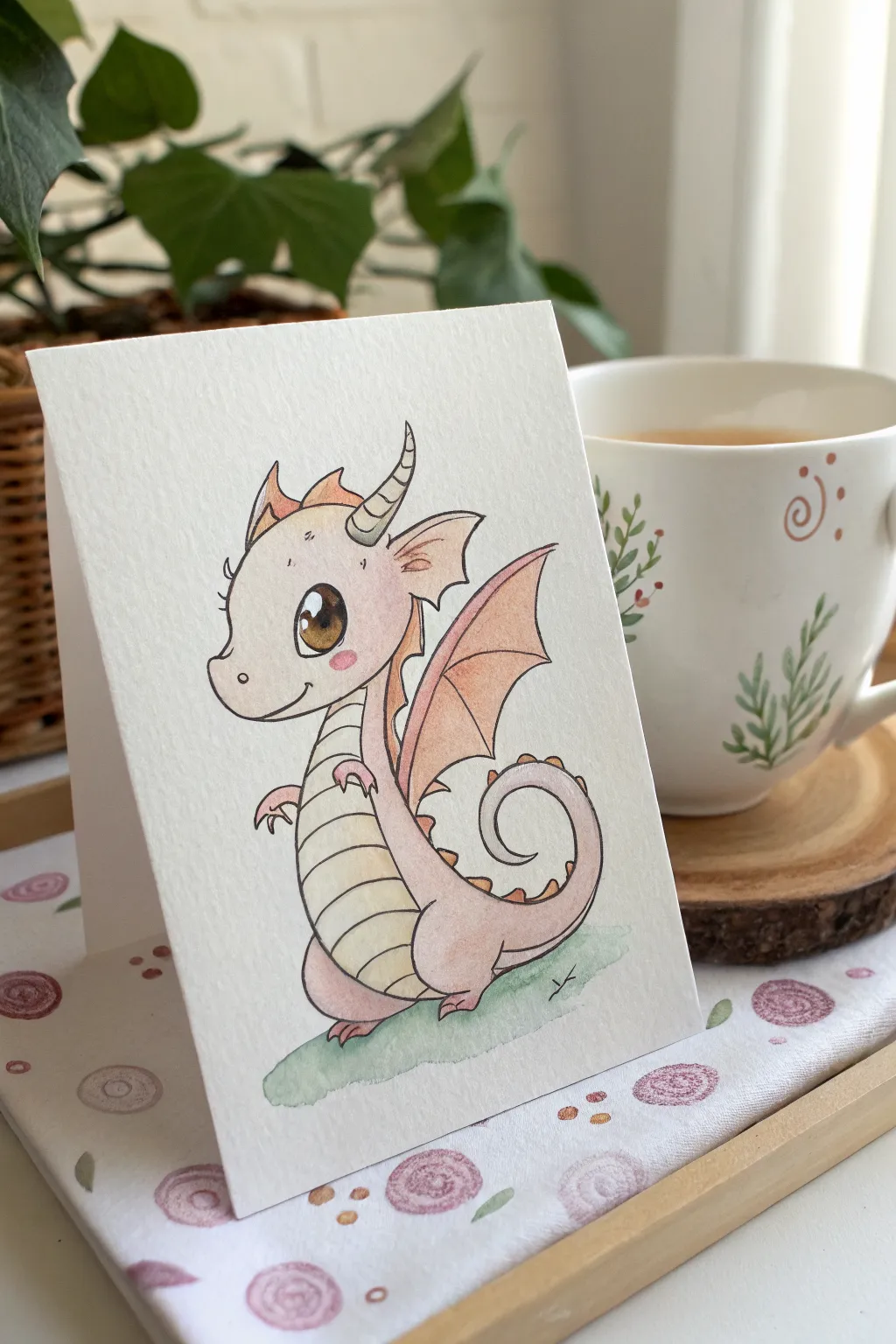 Easy baby dragon in a teacup watercolor: pastel, minimal, cozy Scandinavian with a hint of boho