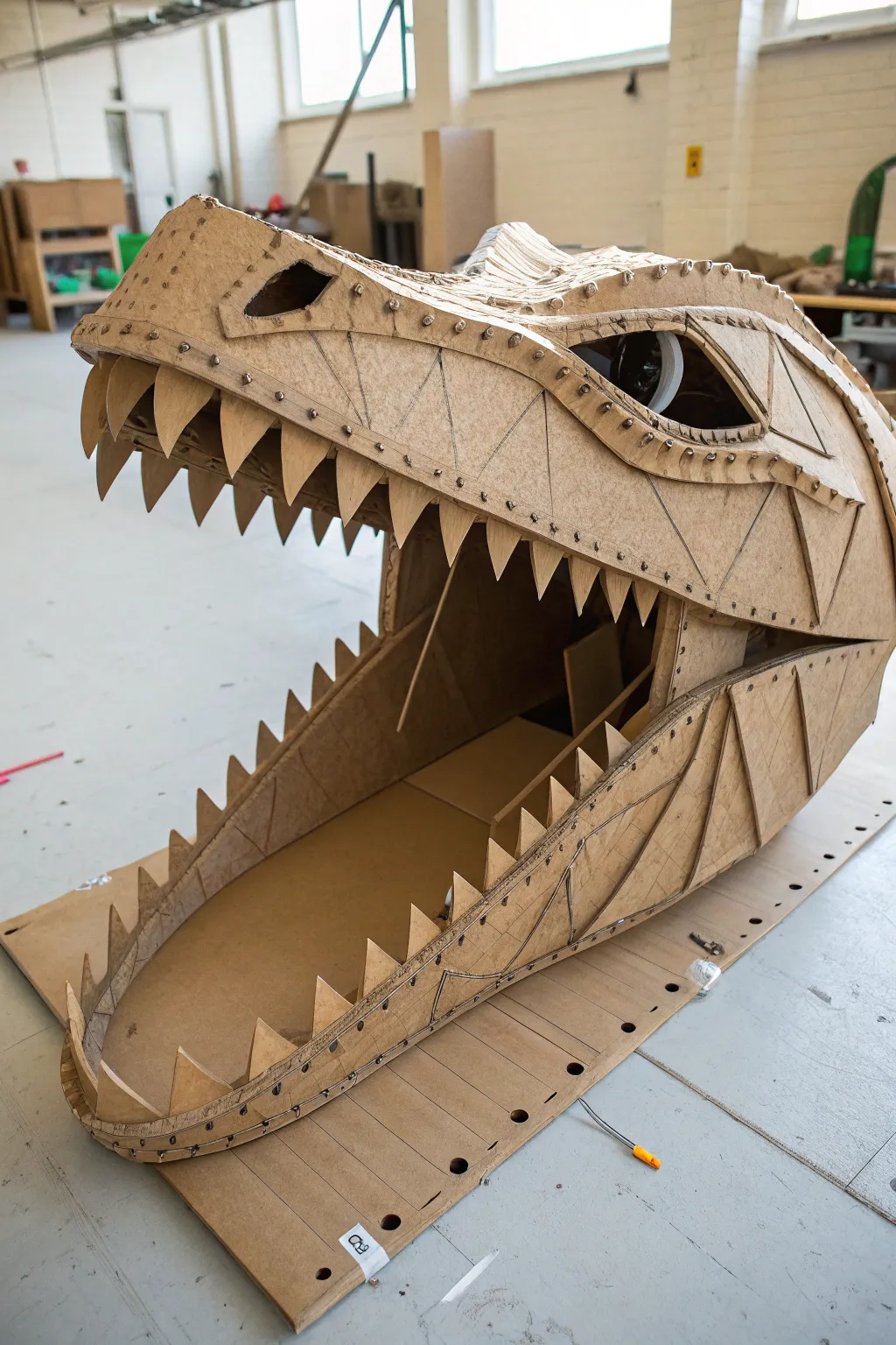 Reinforced laminated cardboard dragon jaw base, stacked layers for a durable puppet mechanism