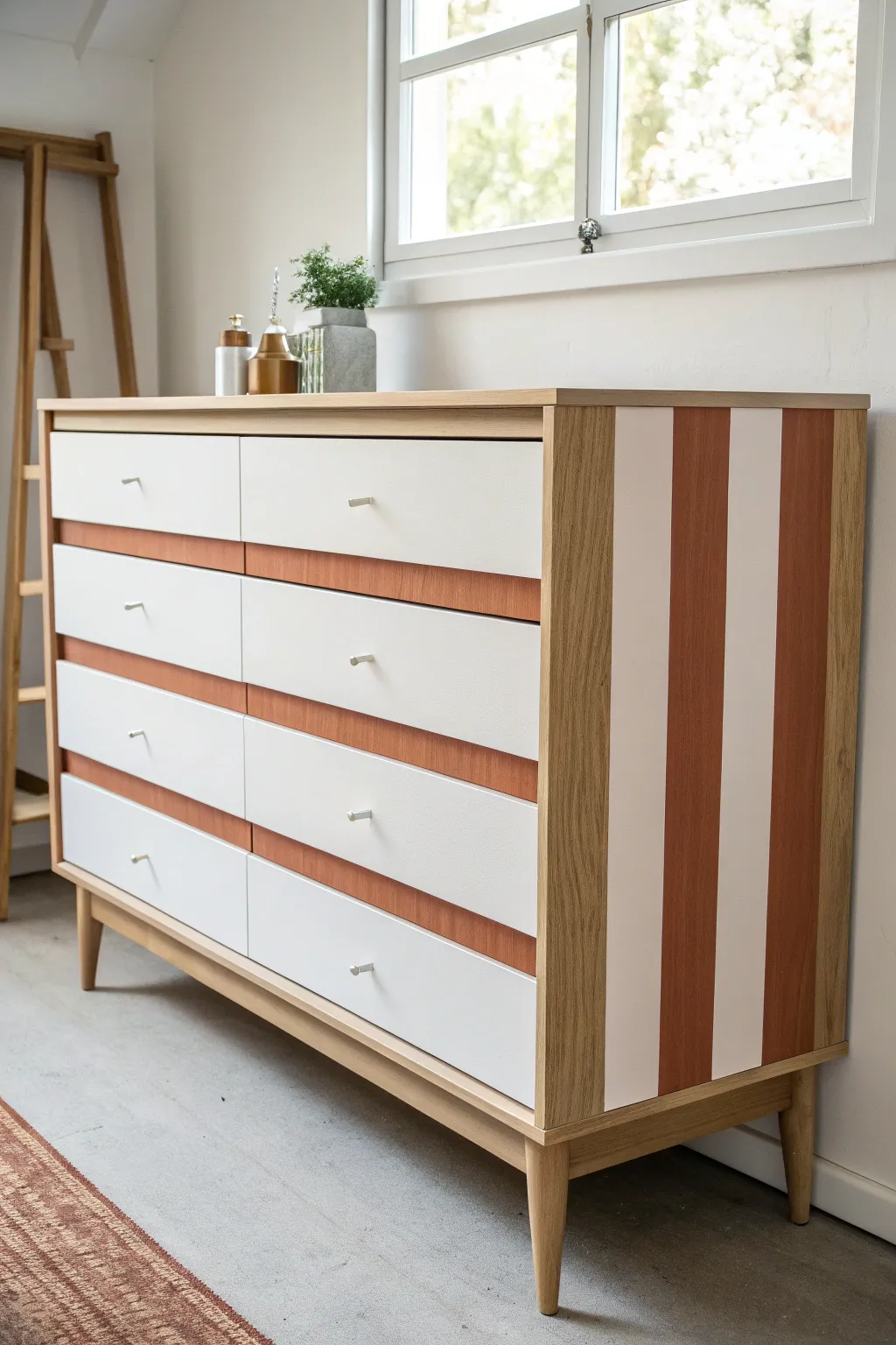 Graphic vertical stripes make this minimalist dresser look custom, crisp, and perfectly aligned.